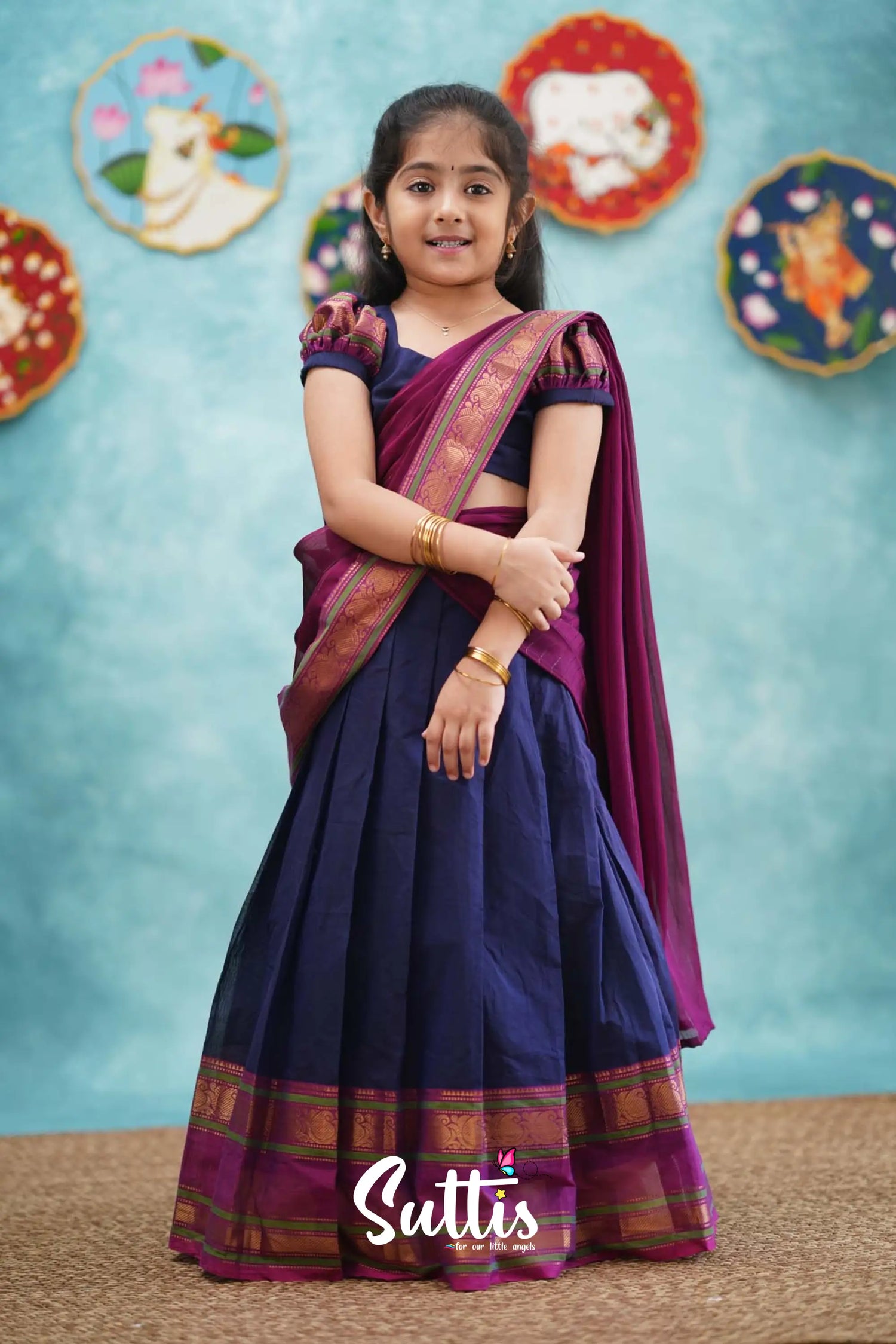 Kumaari - Dark Blue And Magenta Cotton Halfsaree Kids-Suttis