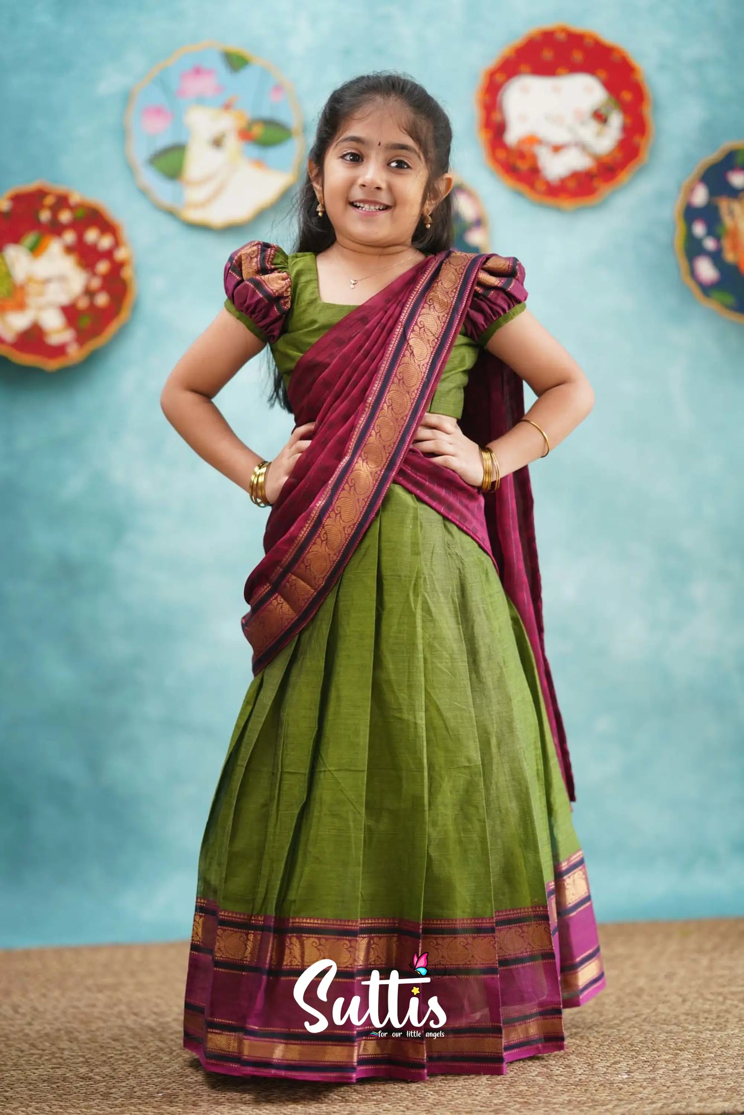 Kumaari - Green And Magenta Pink Cotton Halfsaree Kids-Suttis