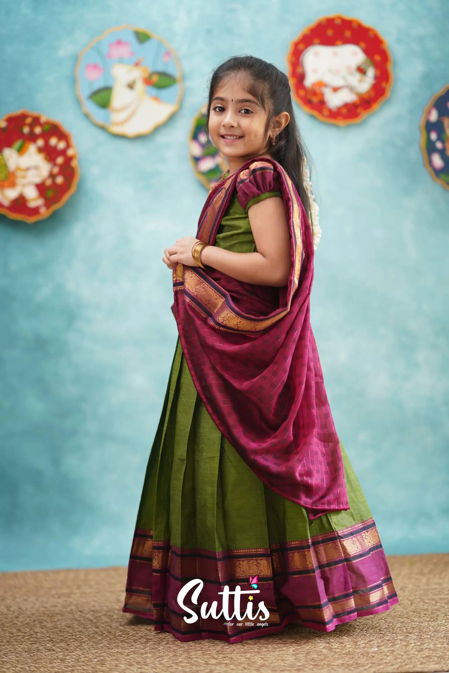 Kumaari - Green And Magenta Pink Cotton Halfsaree Kids-Suttis