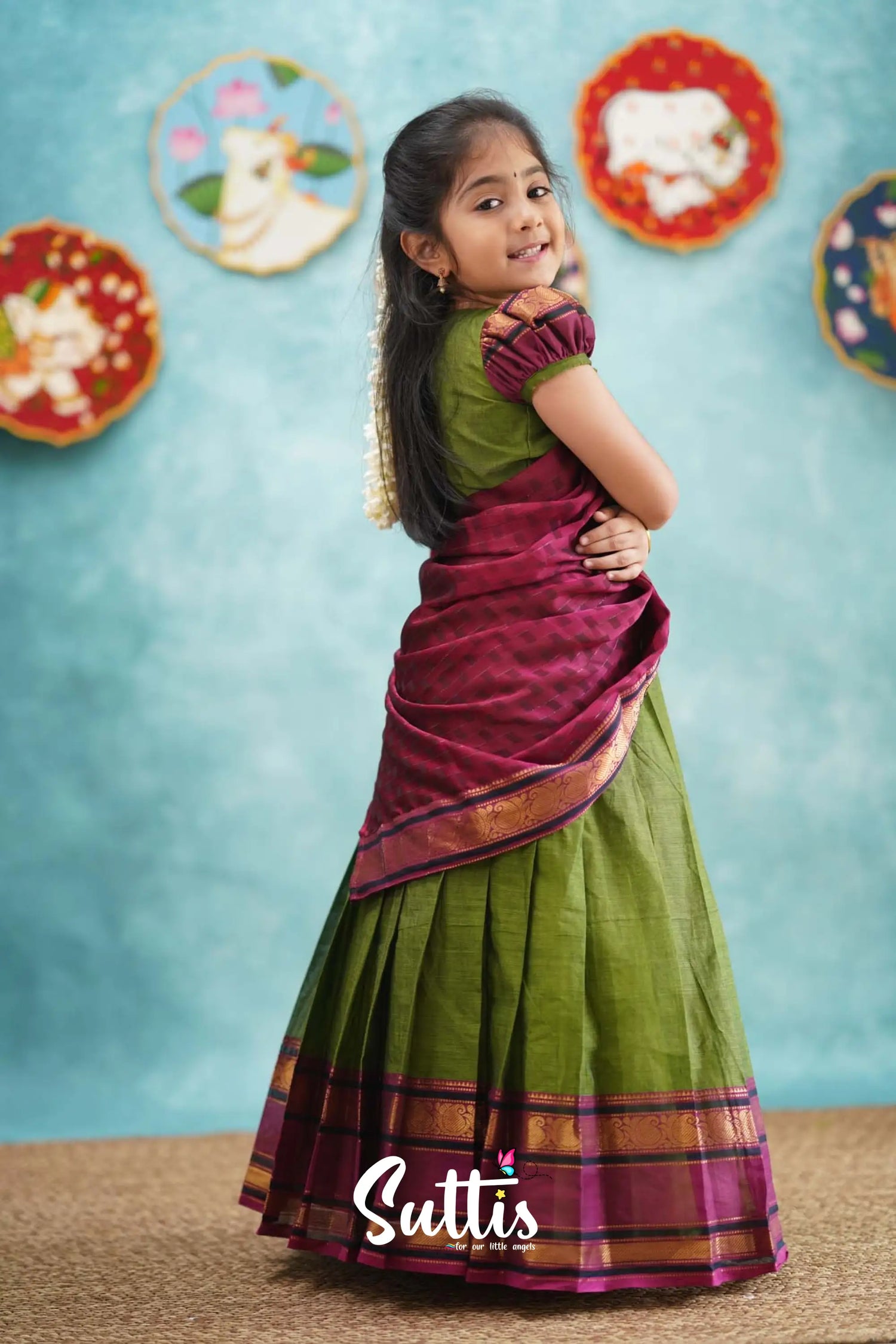 Kumaari - Green And Magenta Pink Cotton Halfsaree Kids-Suttis