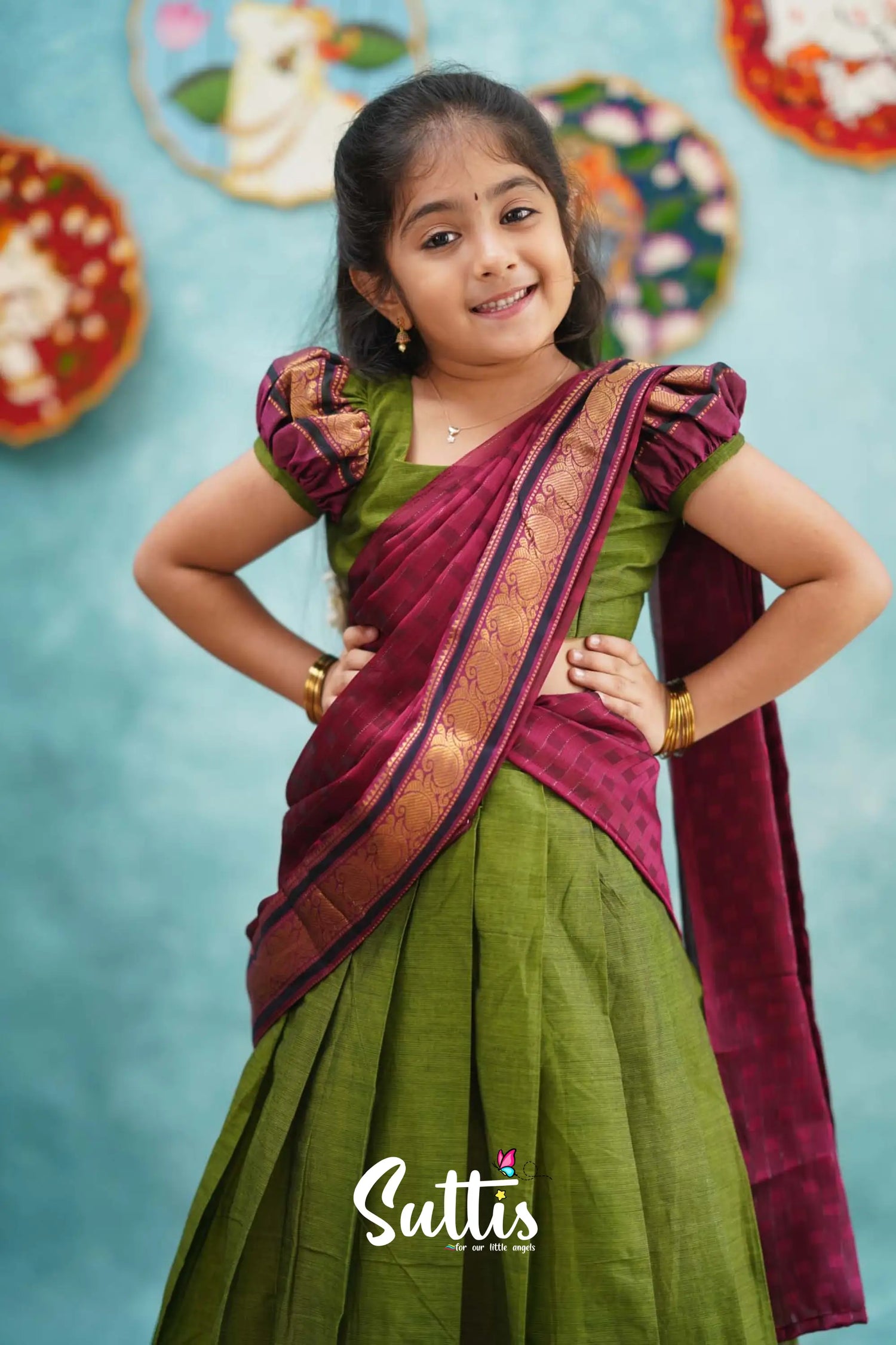 Kumaari - Green And Magenta Pink Cotton Halfsaree Kids-Suttis