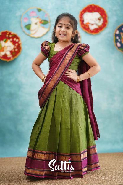 Kumaari - Green And Magenta Pink Cotton Halfsaree Kids-Suttis