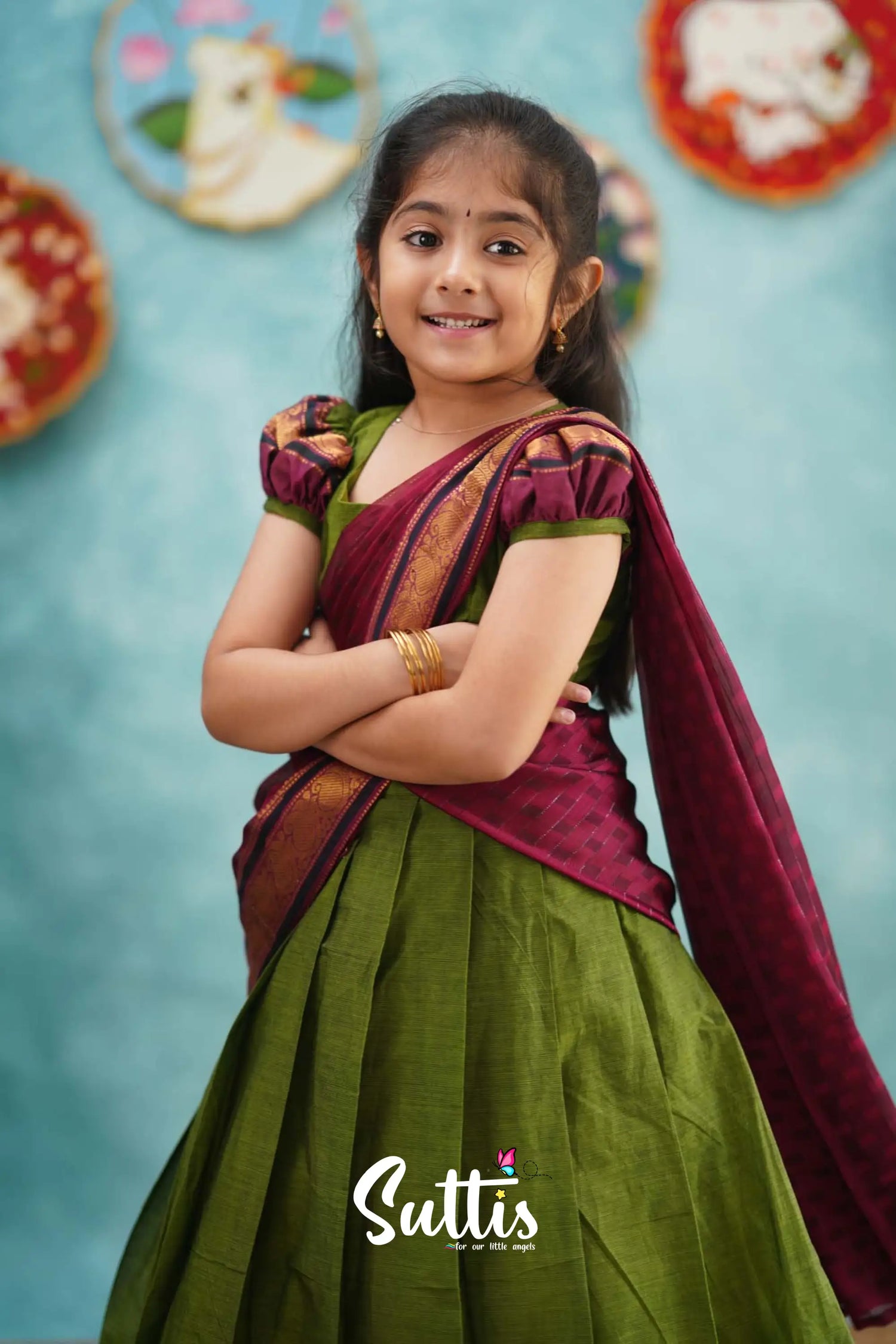 Kumaari - Green And Magenta Pink Cotton Halfsaree Kids-Suttis