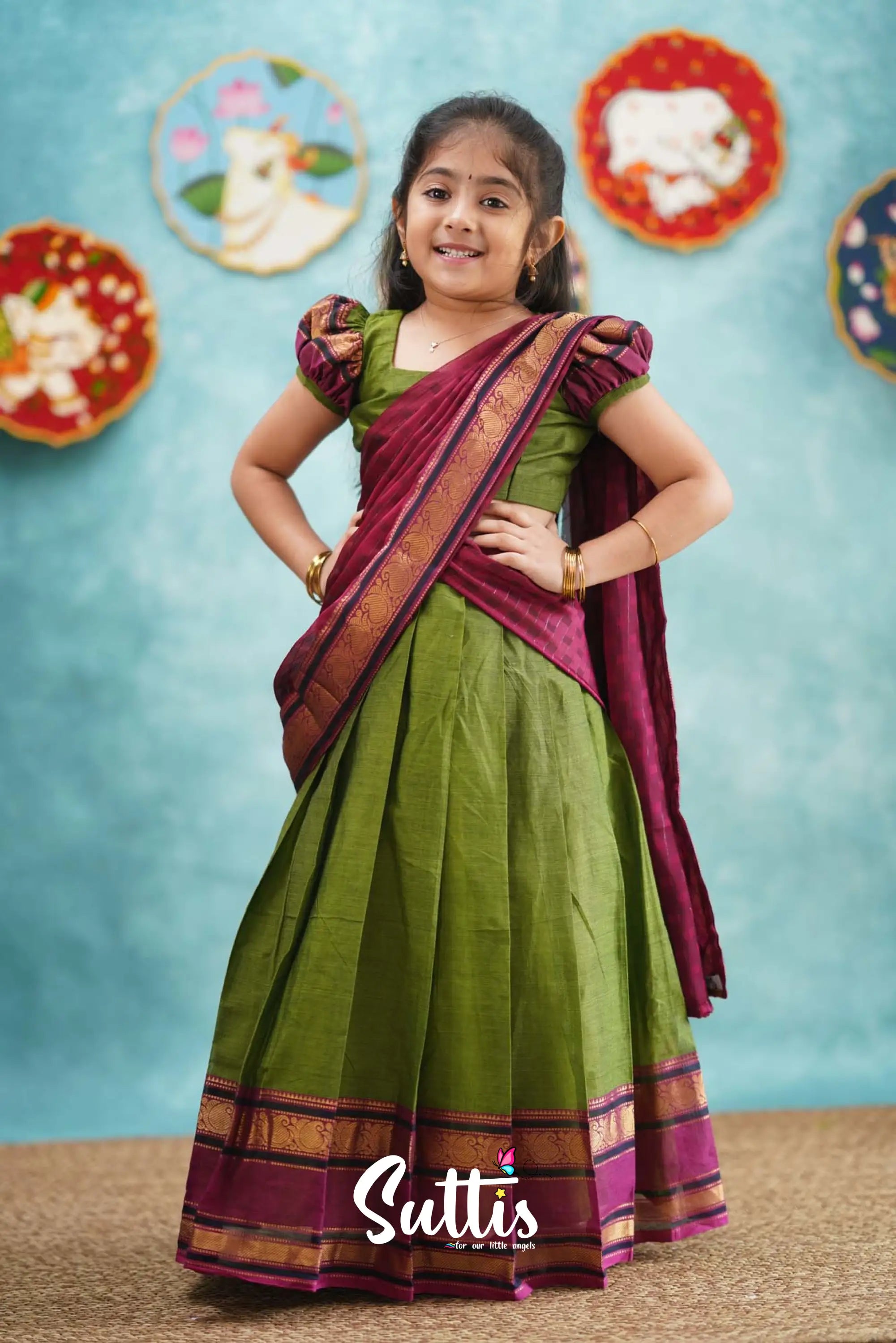 Kumaari - Green And Magenta Pink Cotton Halfsaree Kids-Suttis