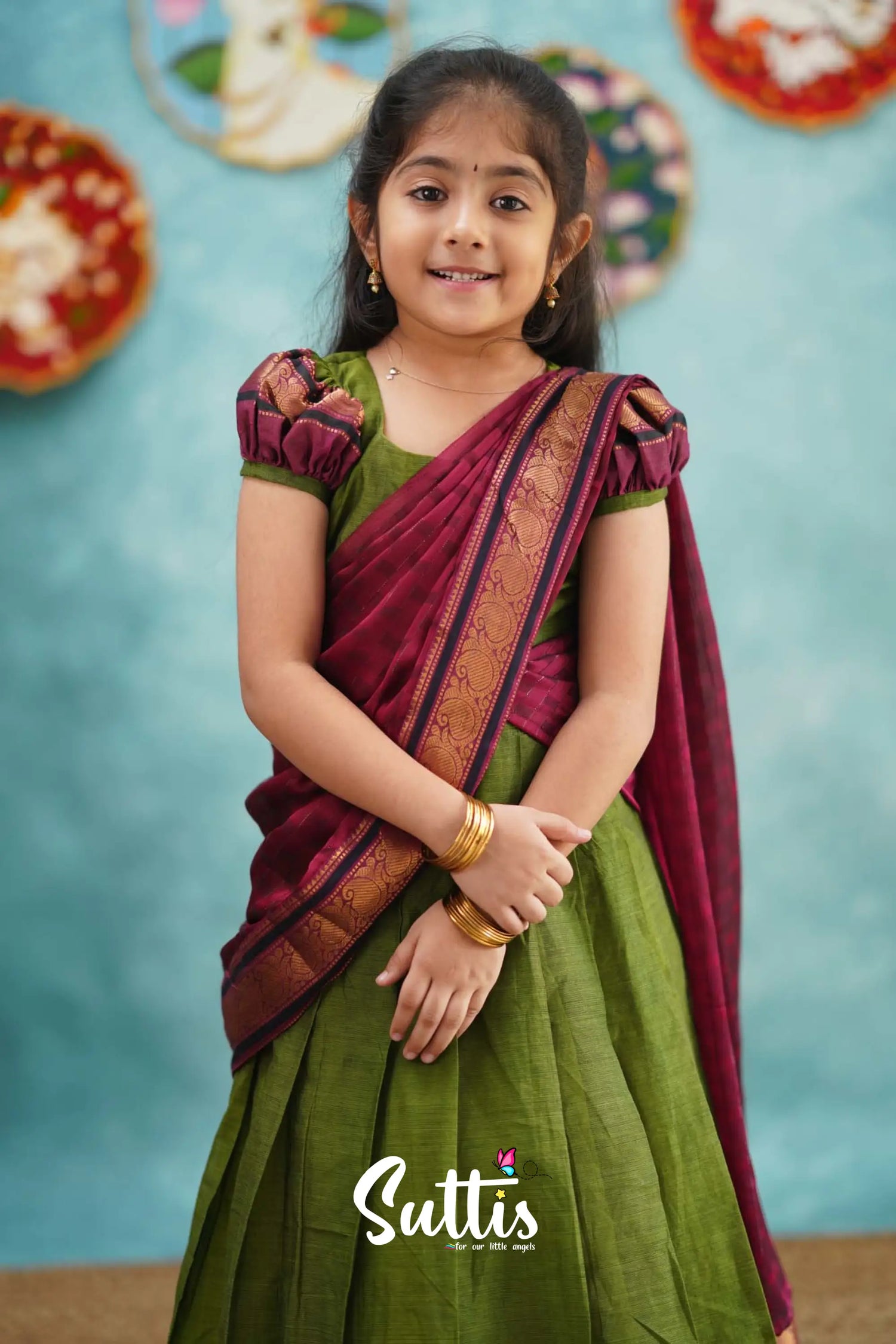 Kumaari - Green And Magenta Pink Cotton Halfsaree Kids-Suttis