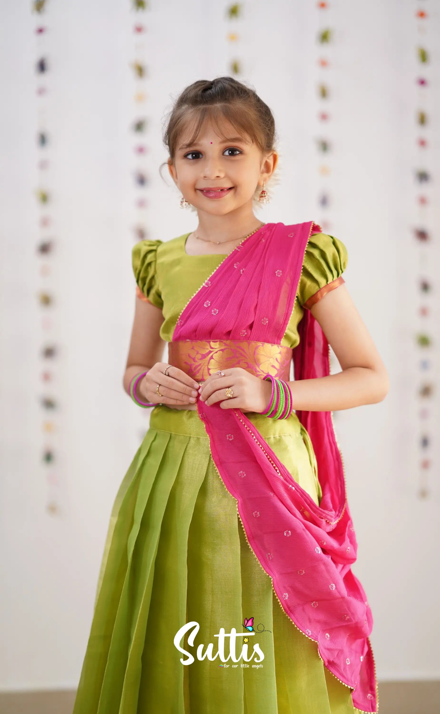 Kumaari Green Shade And Hot Pink Tone Organza Half Saree Kids-Suttis