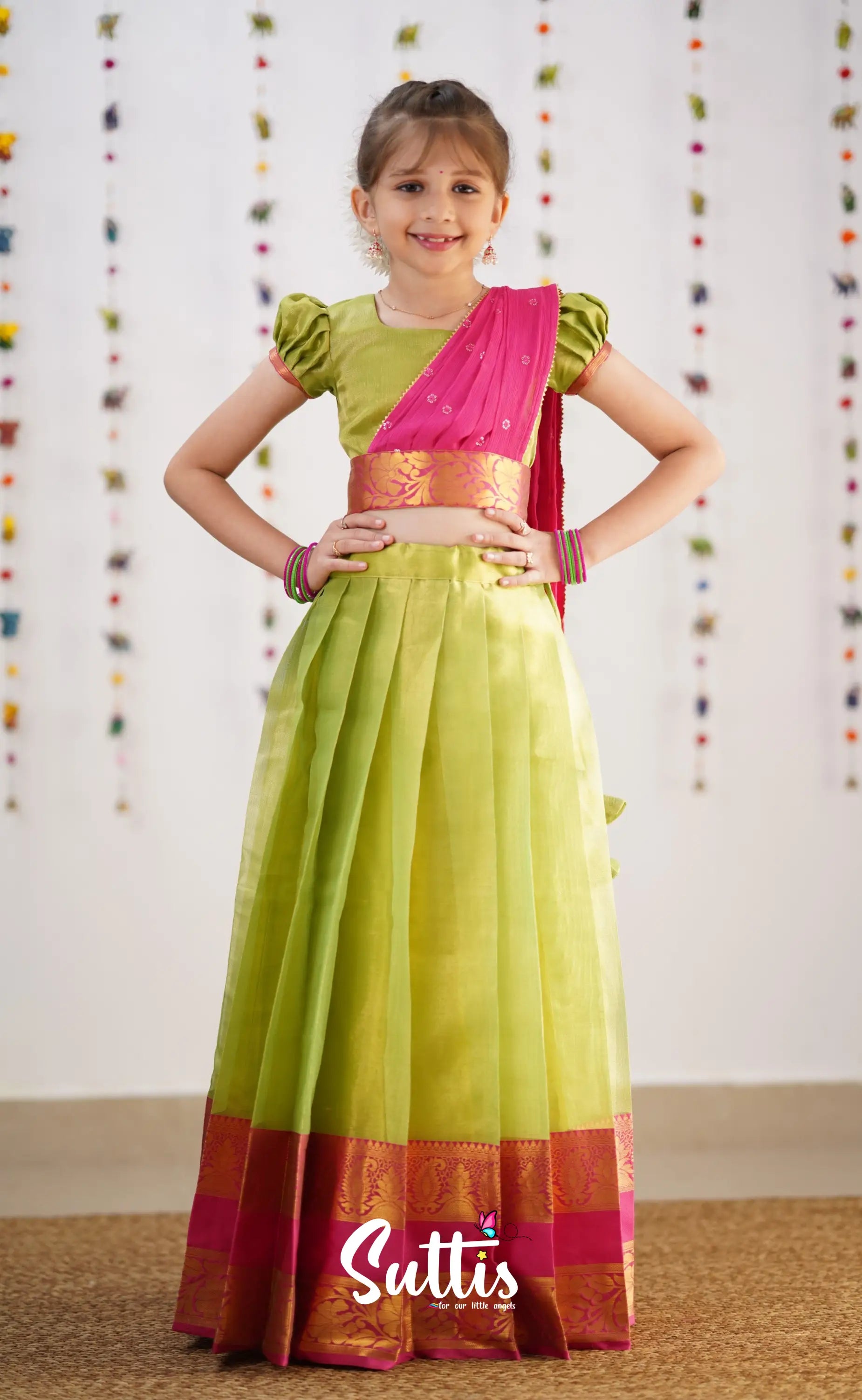 Kumaari Green Shade And Hot Pink Tone Organza Half Saree Kids-Suttis