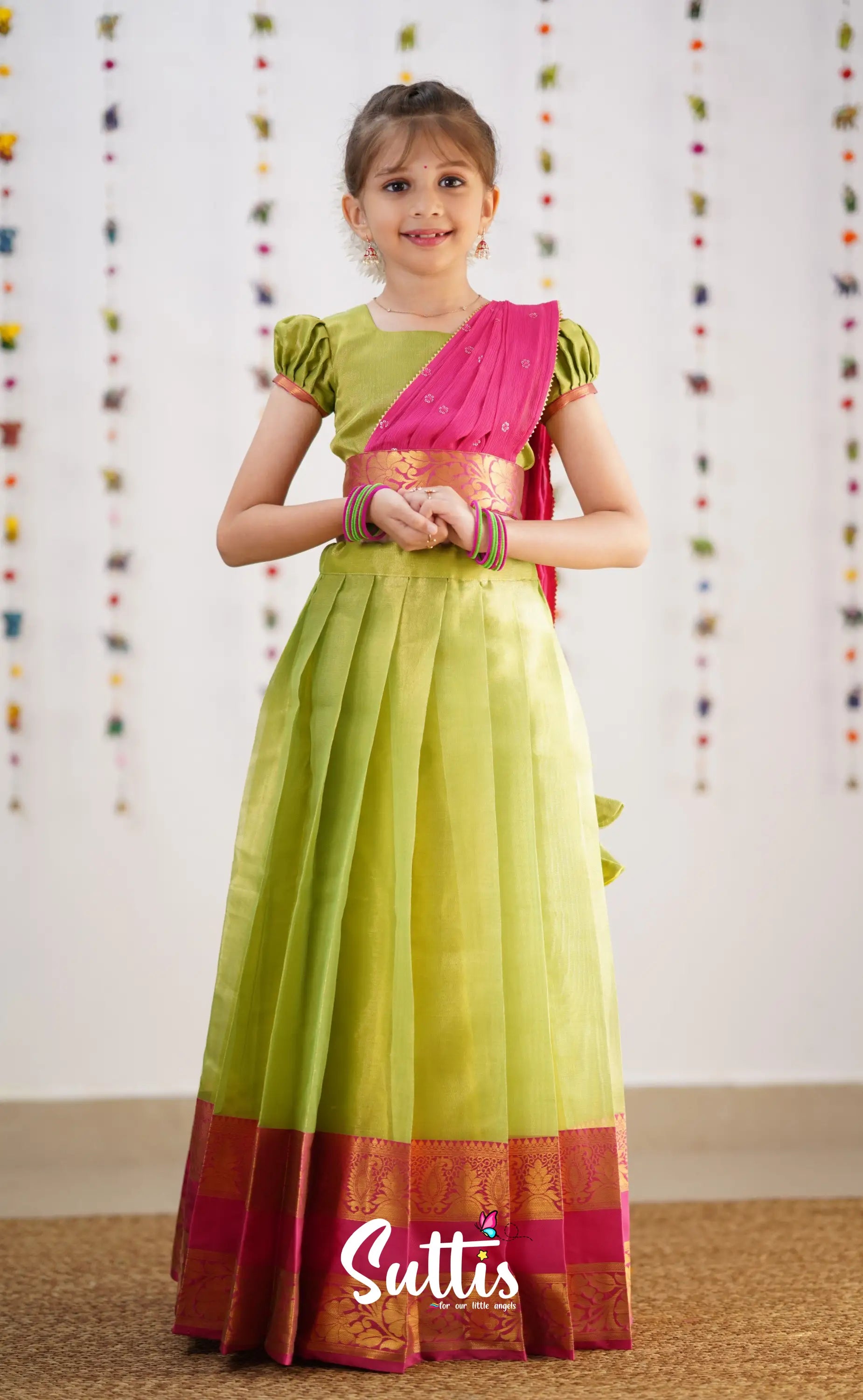 Kumaari Green Shade And Hot Pink Tone Organza Half Saree Kids-Suttis