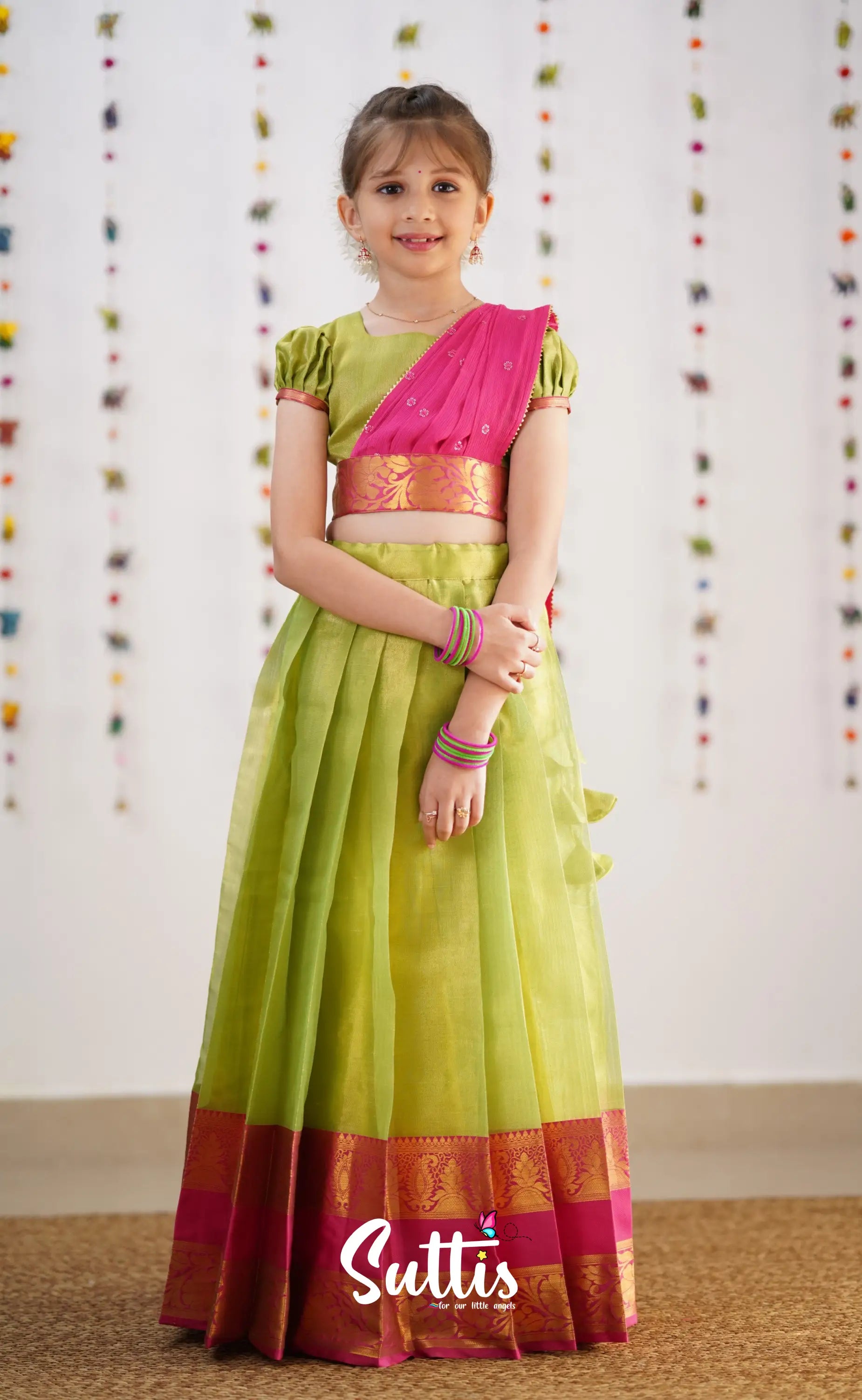 Kumaari Green Shade And Hot Pink Tone Organza Half Saree Kids-Suttis