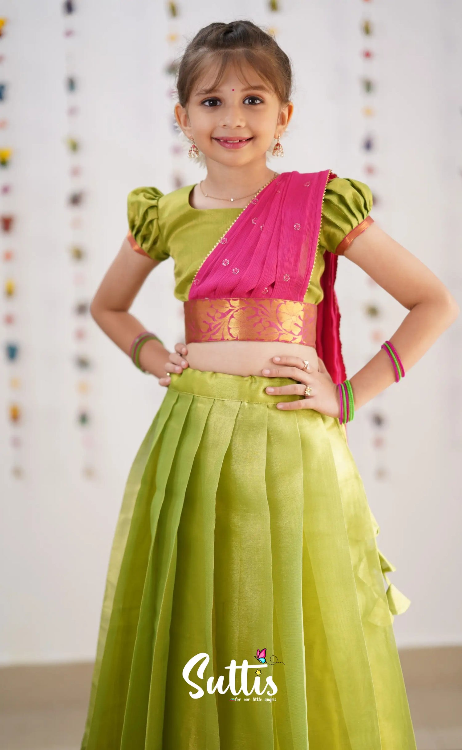 Kumaari Green Shade And Hot Pink Tone Organza Half Saree Kids-Suttis