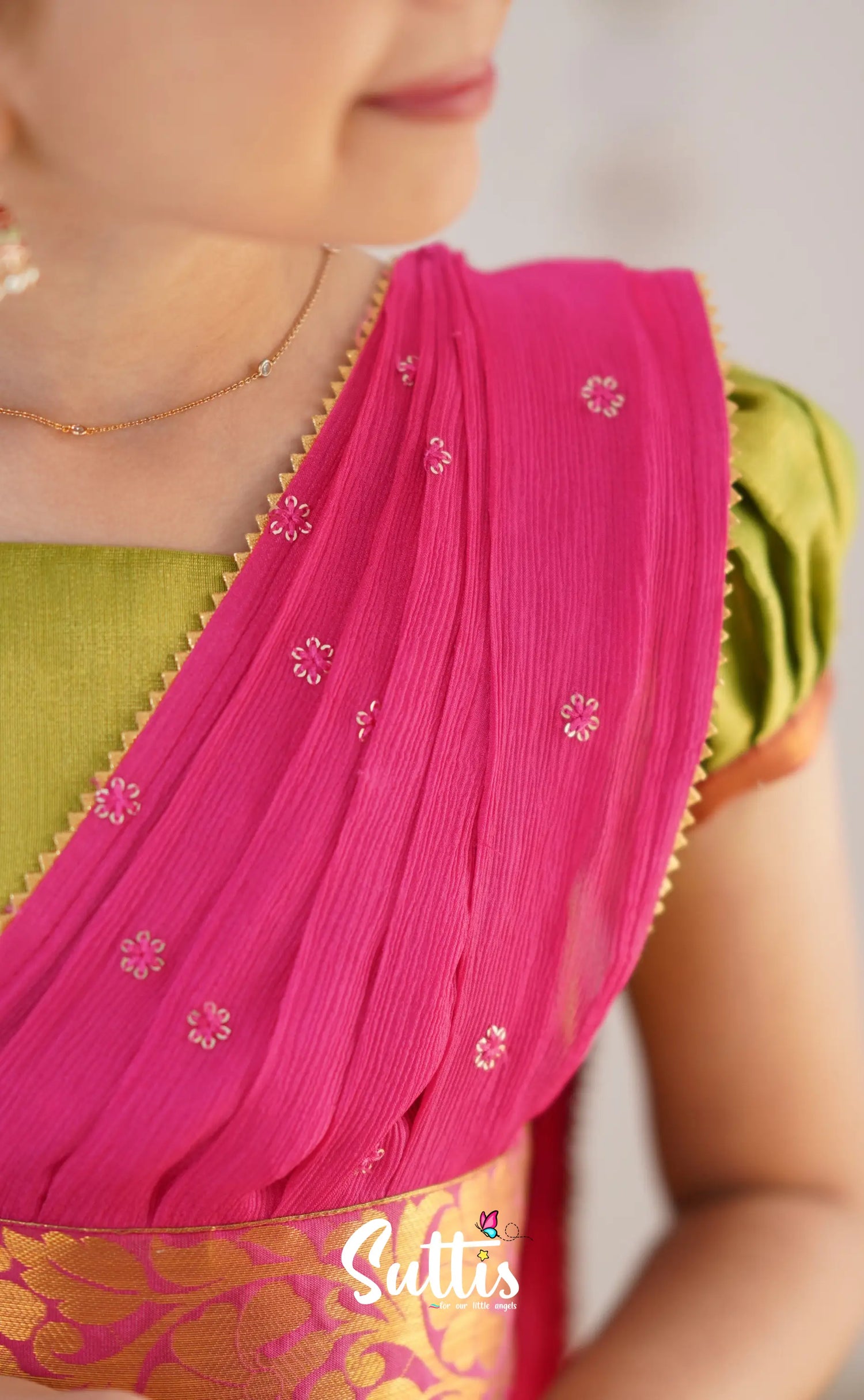 Kumaari Green Shade And Hot Pink Tone Organza Half Saree Kids-Suttis