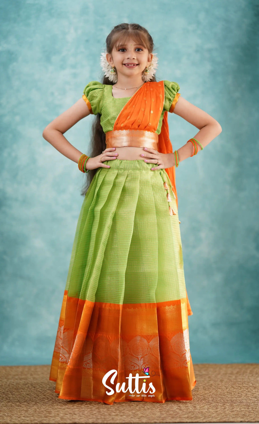 Green Shade And Orange Tone Organza Halfsaree Kids-Suttis