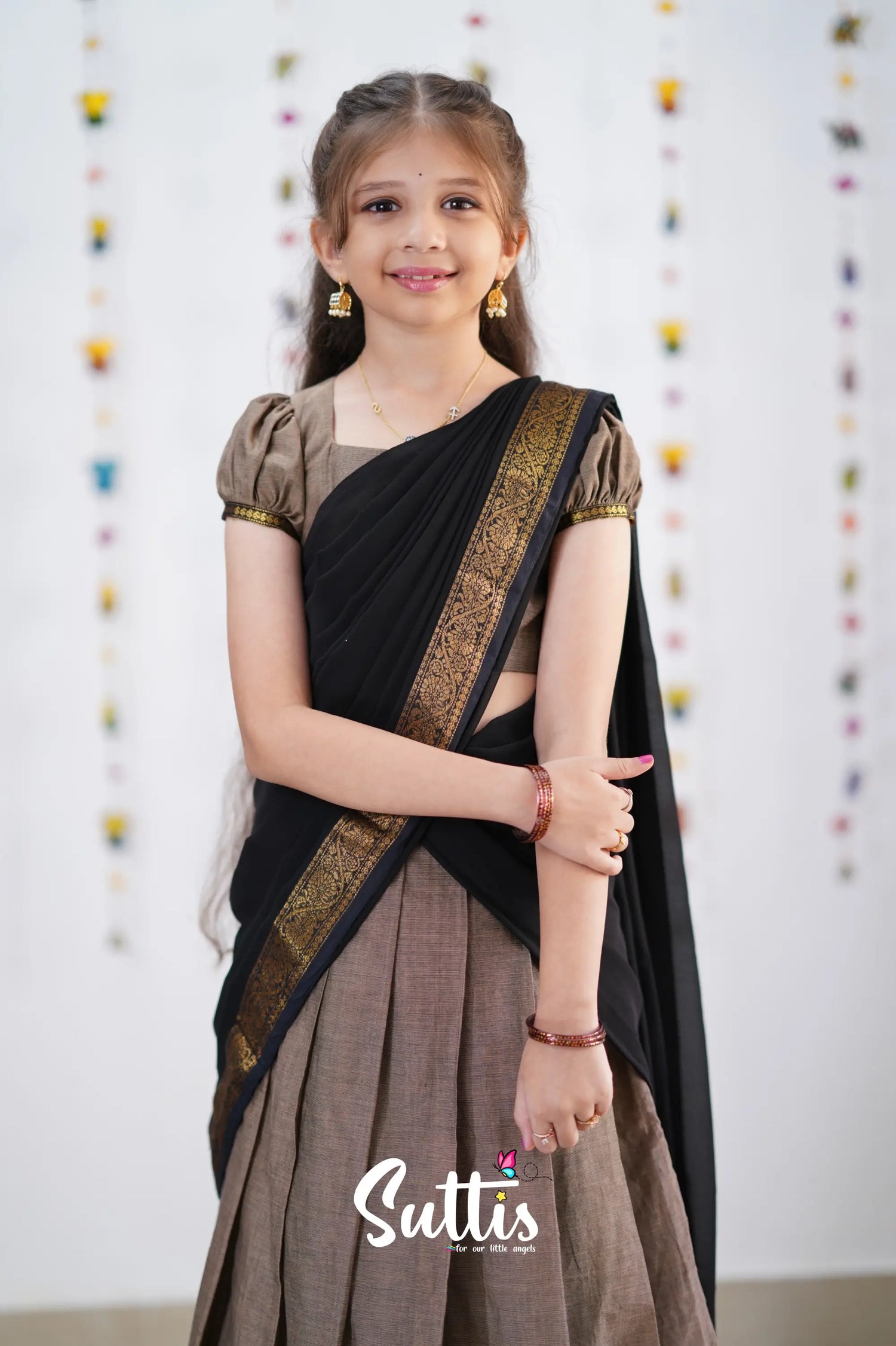 Kumaari Half Saree -Ash &amp; Black Kids-Suttis