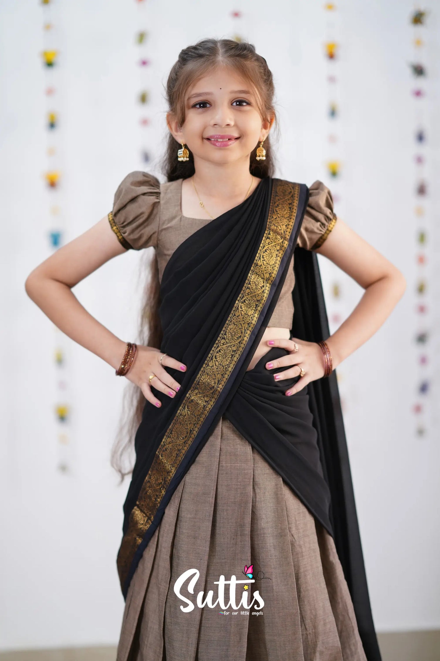 Kumaari Half Saree -Ash &amp; Black Kids-Suttis