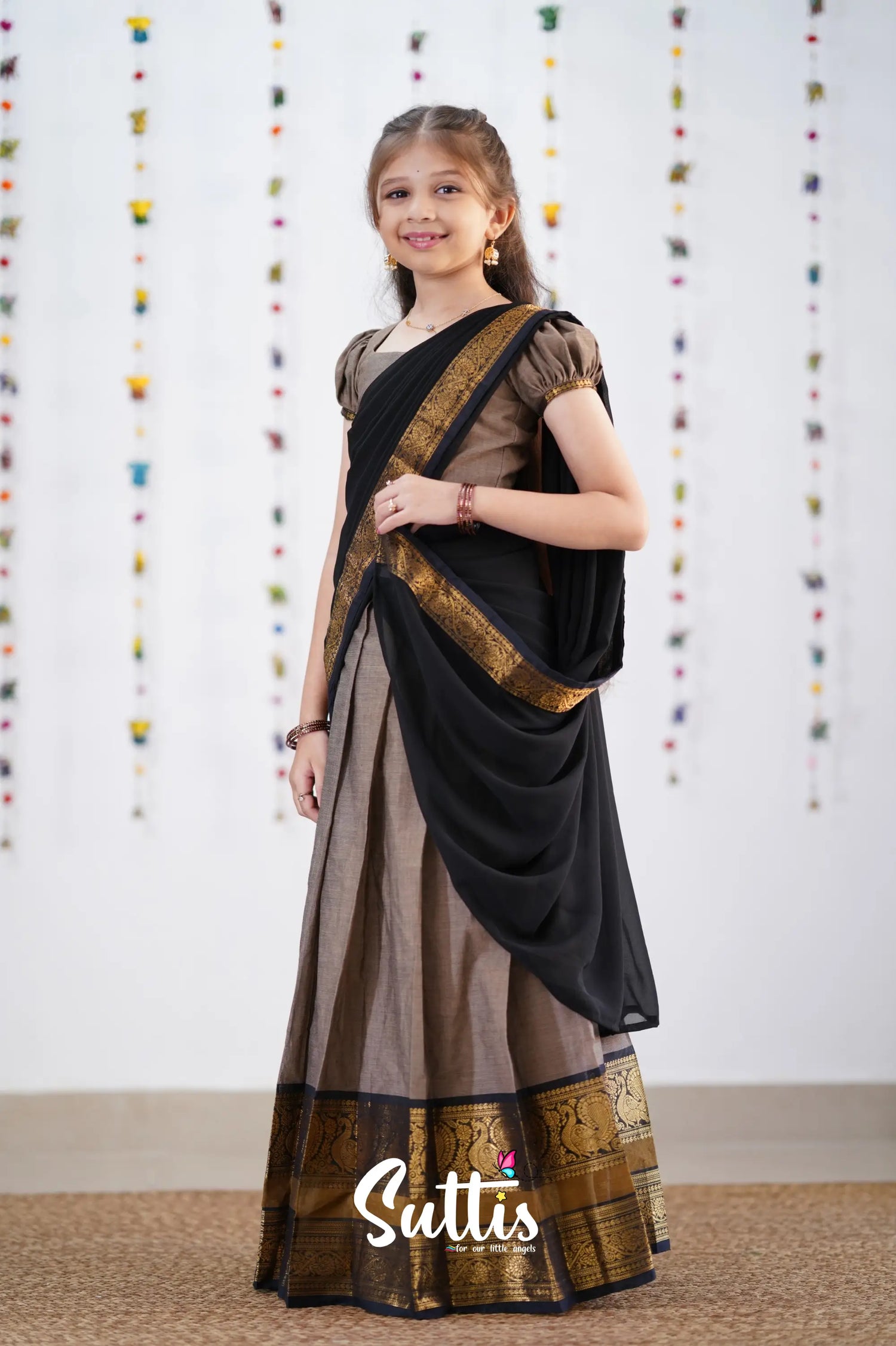 Kumaari Half Saree -Ash &amp; Black Kids-Suttis