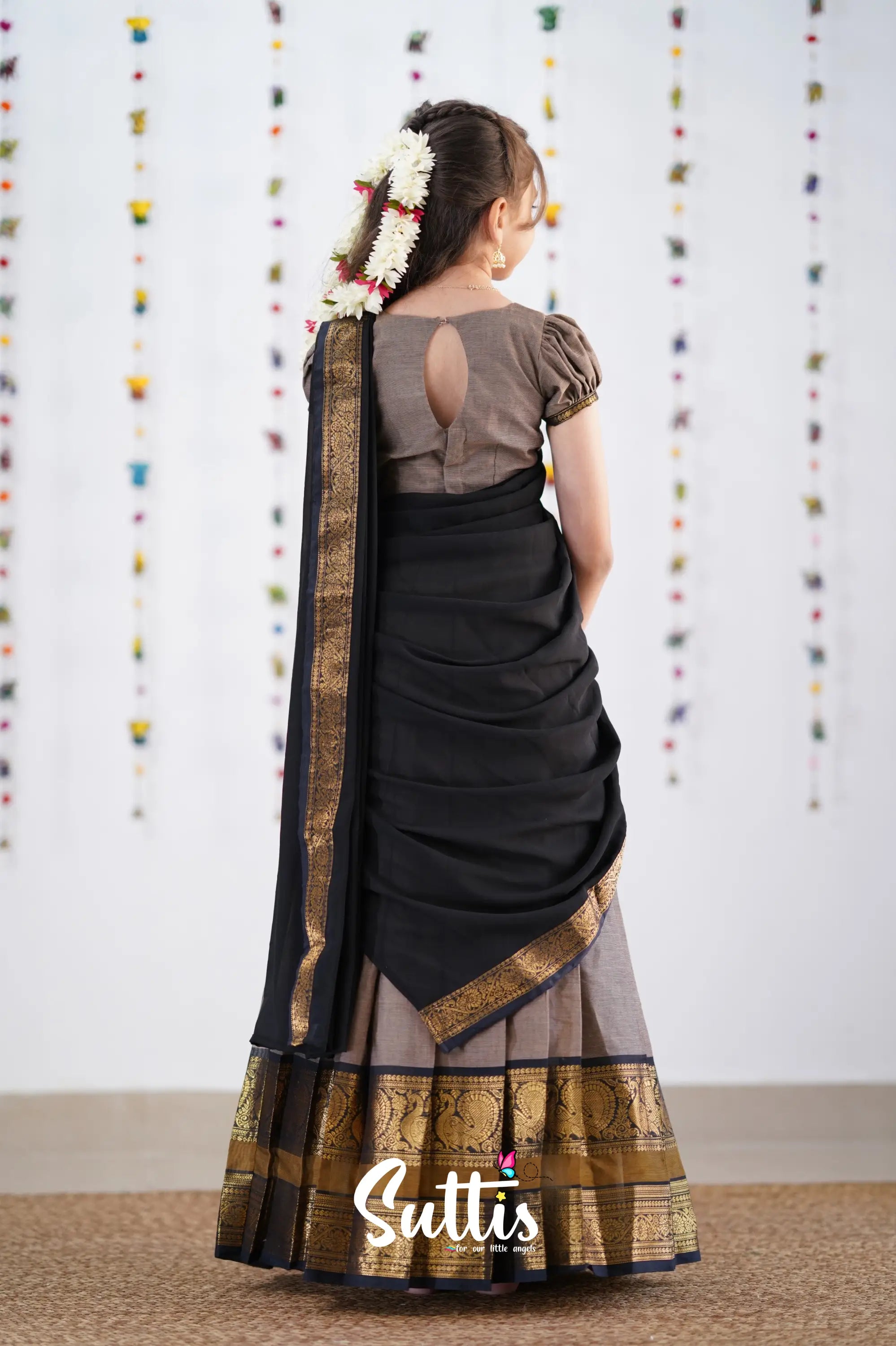 Kumaari Half Saree -Ash &amp; Black Kids-Suttis