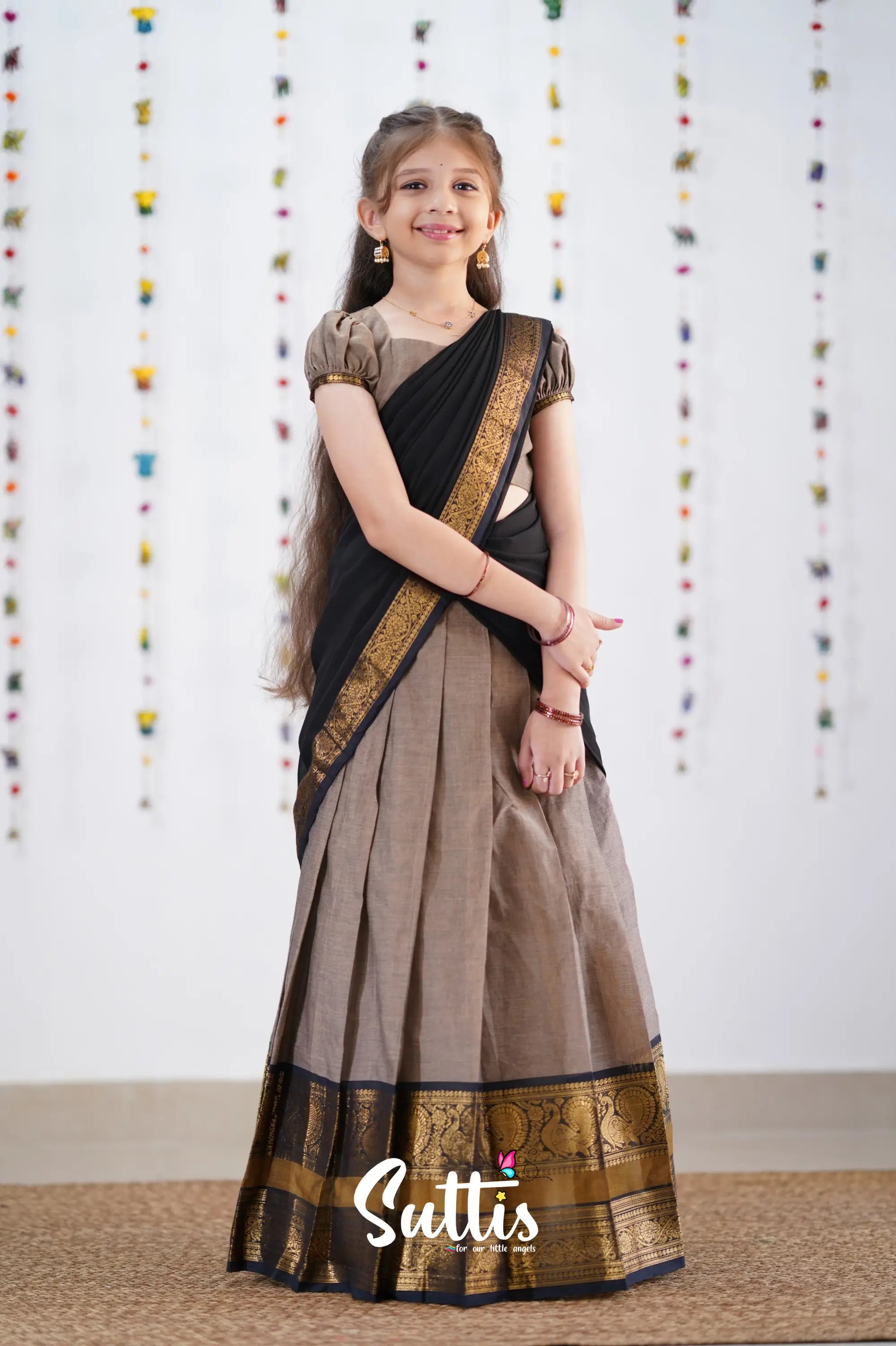 Kumaari Half Saree -Ash &amp; Black Kids-Suttis