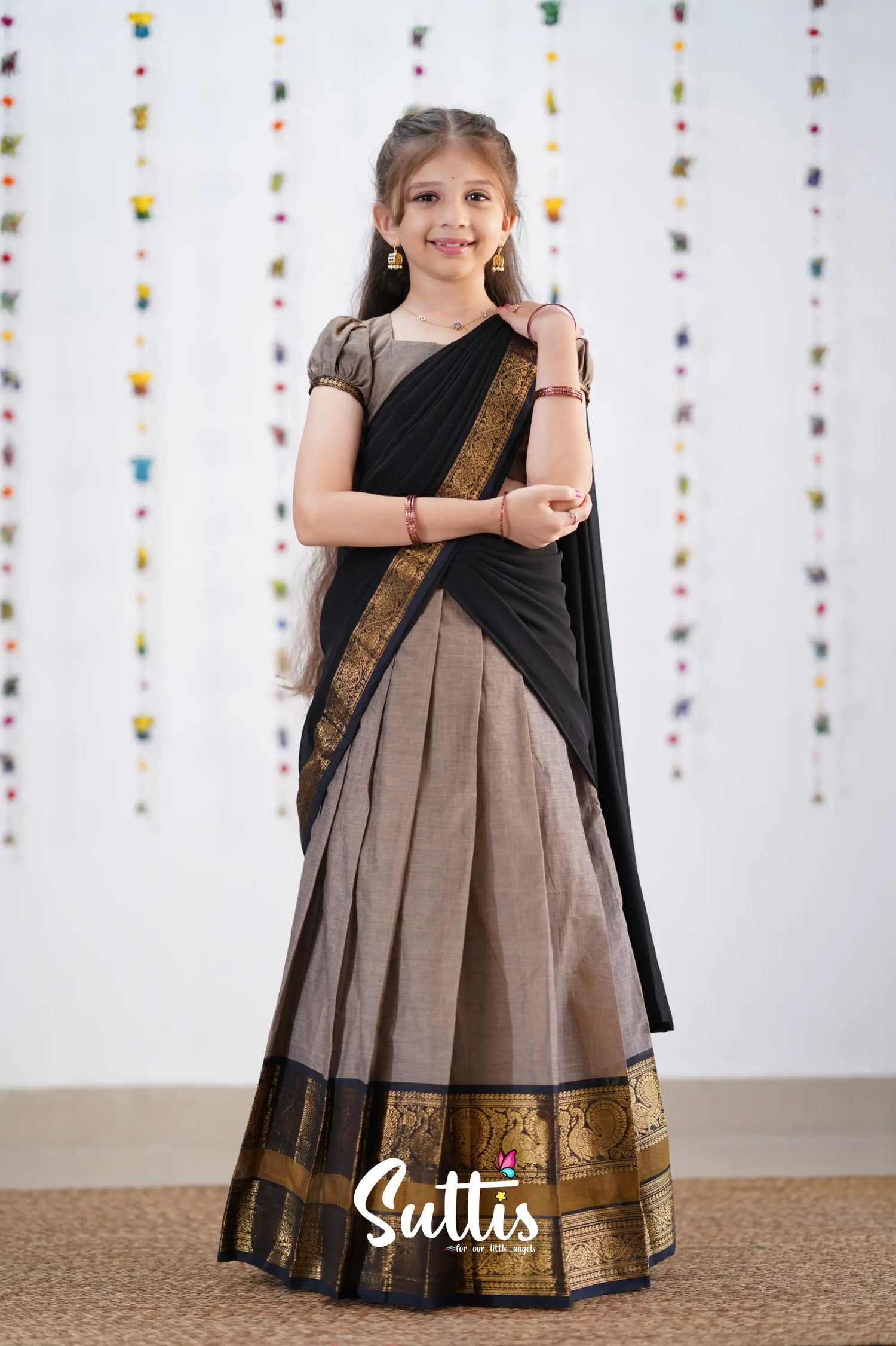 Kumaari Half Saree -Ash &amp; Black Kids-Suttis