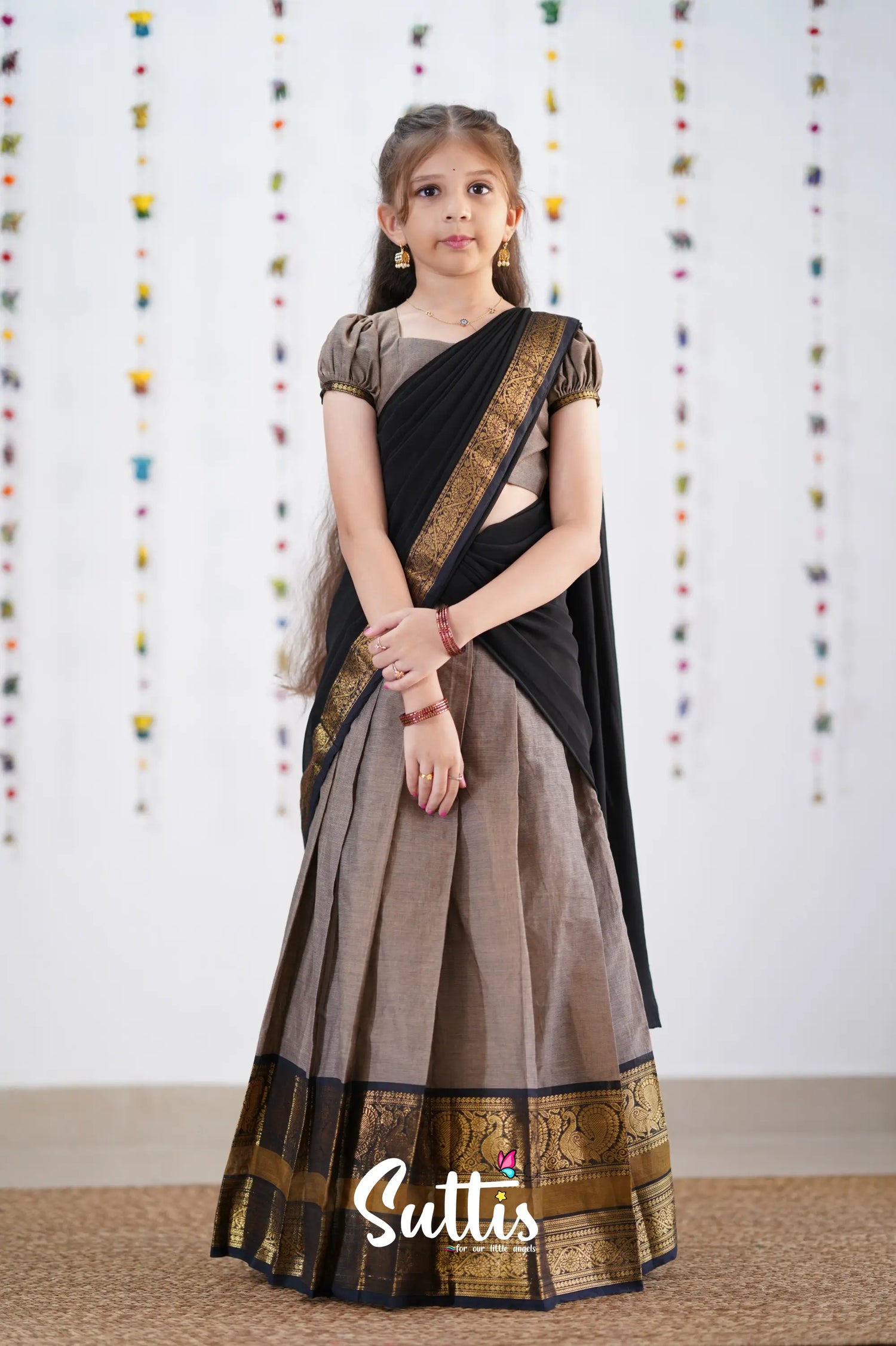 Kumaari Half Saree -Ash &amp; Black Kids-Suttis