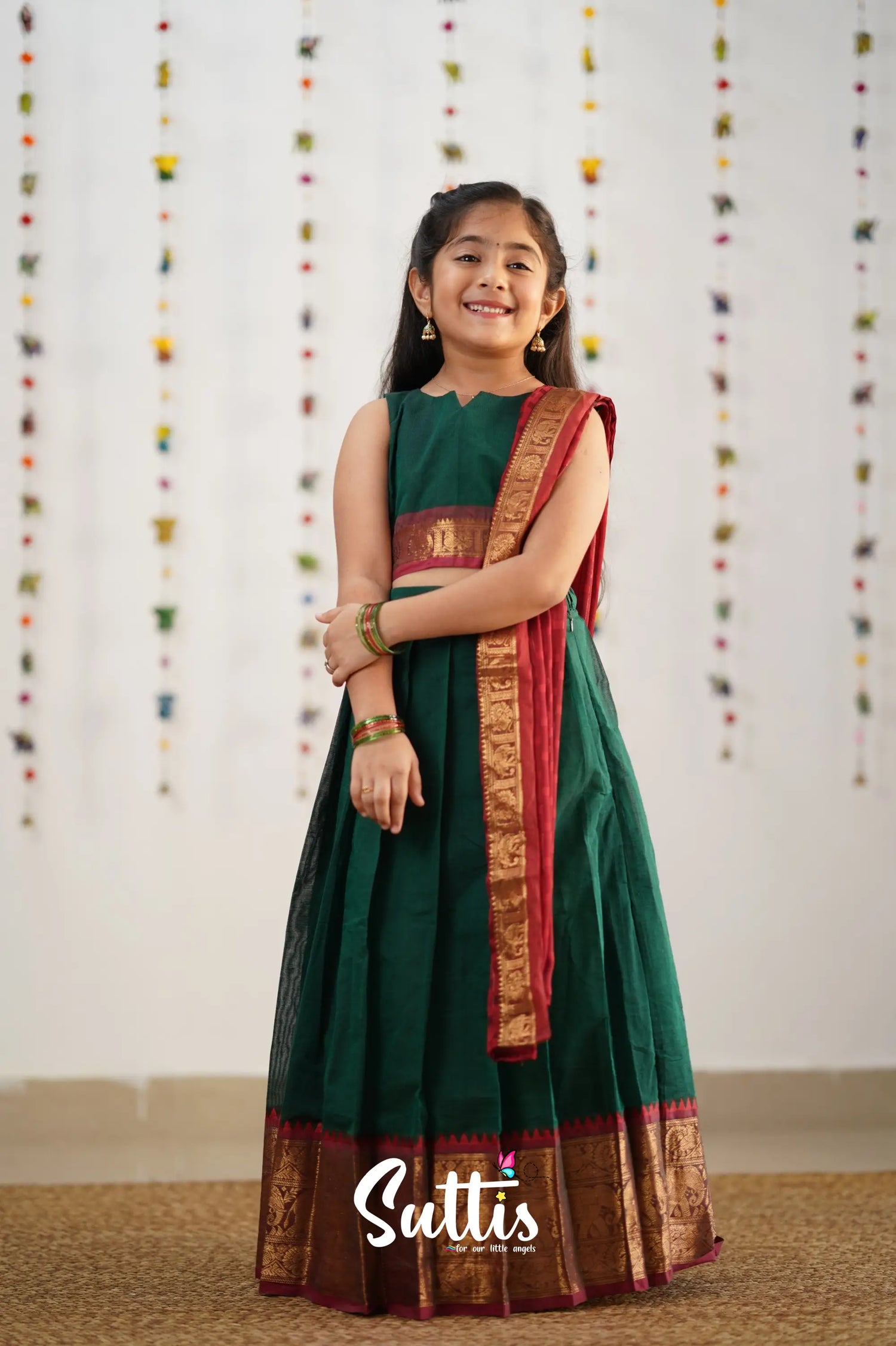 Kumaari Half Saree -Bottle Green Kids-Suttis