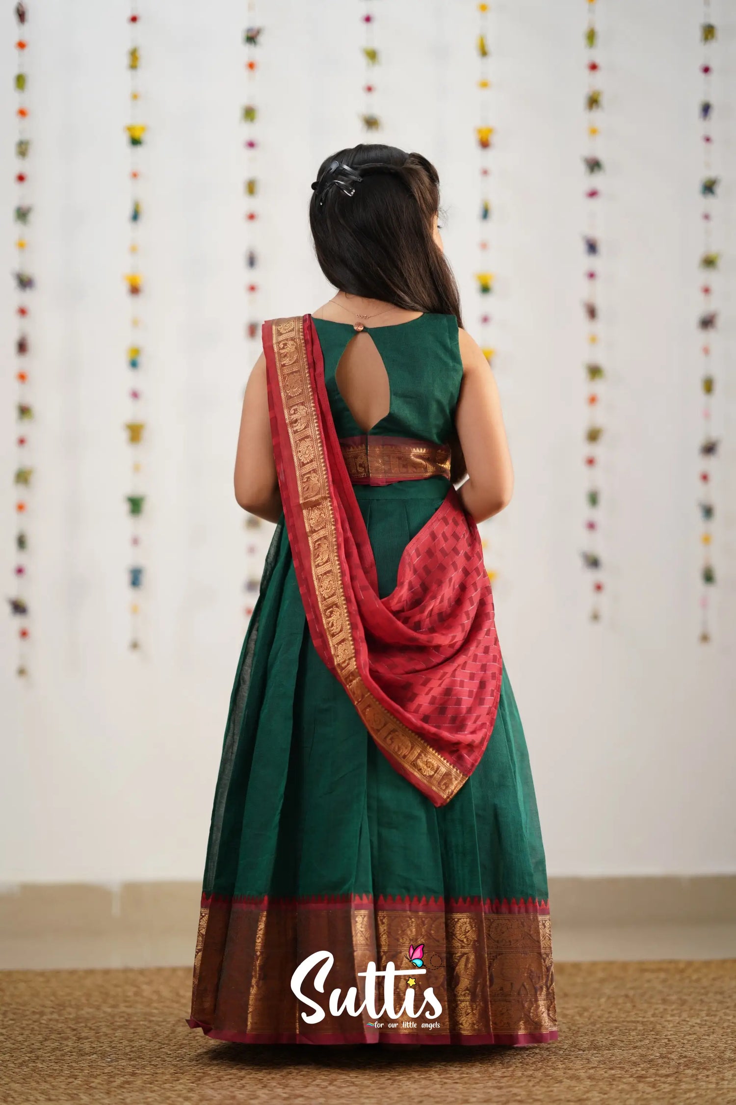 Kumaari Half Saree -Bottle Green Kids-Suttis