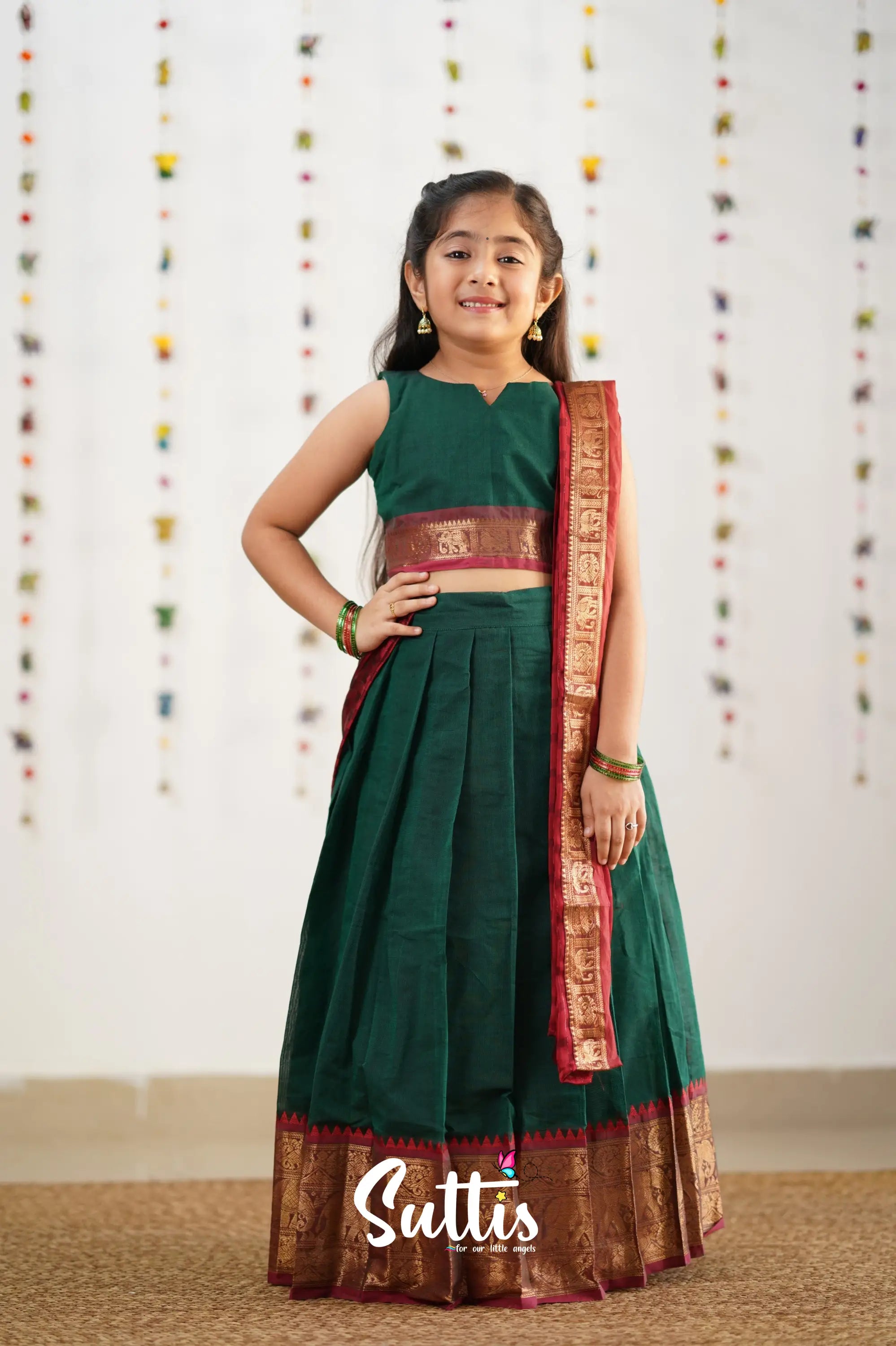 Kumaari Half Saree -Bottle Green Kids-Suttis