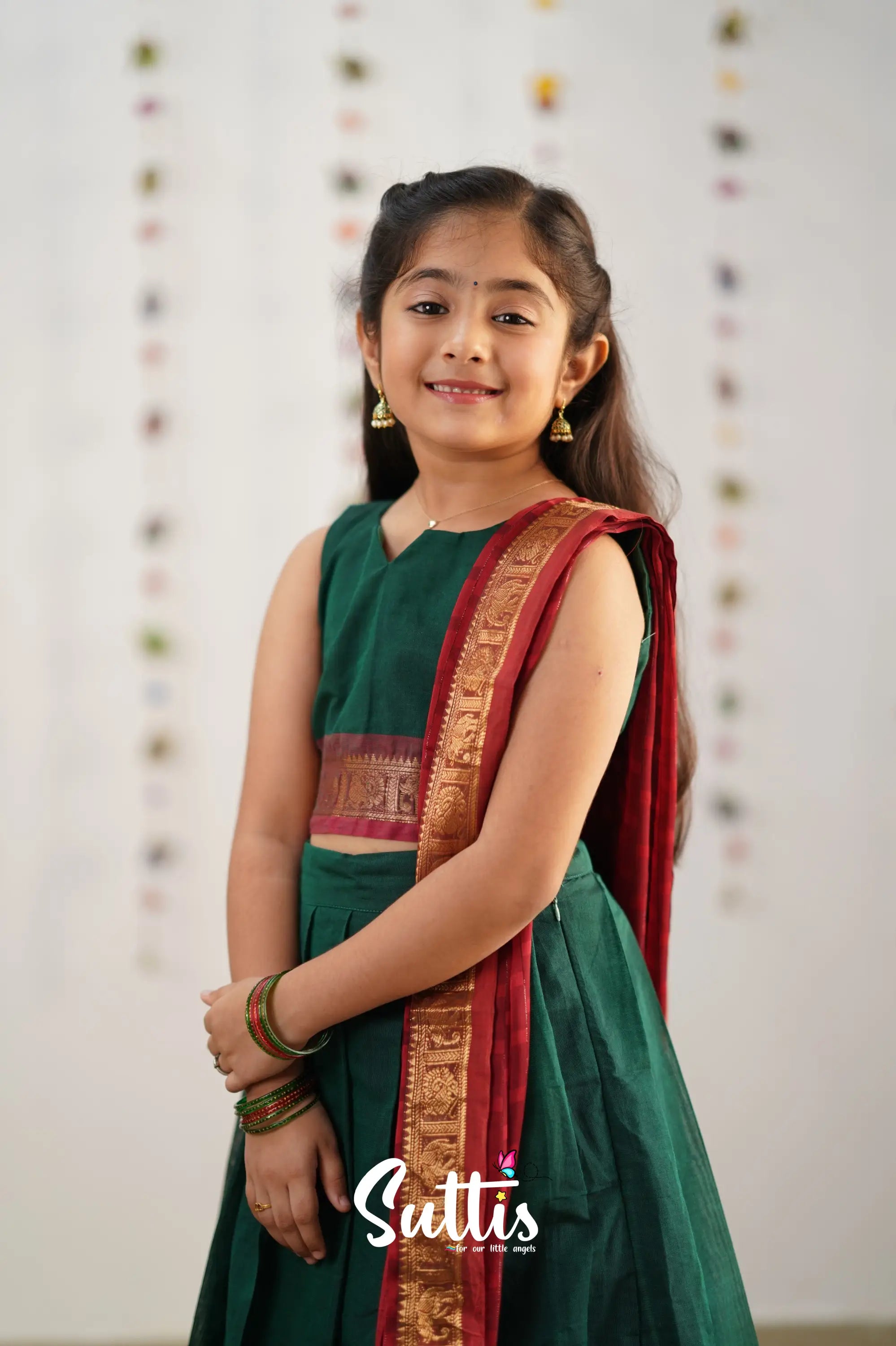 Kumaari Half Saree -Bottle Green Kids-Suttis