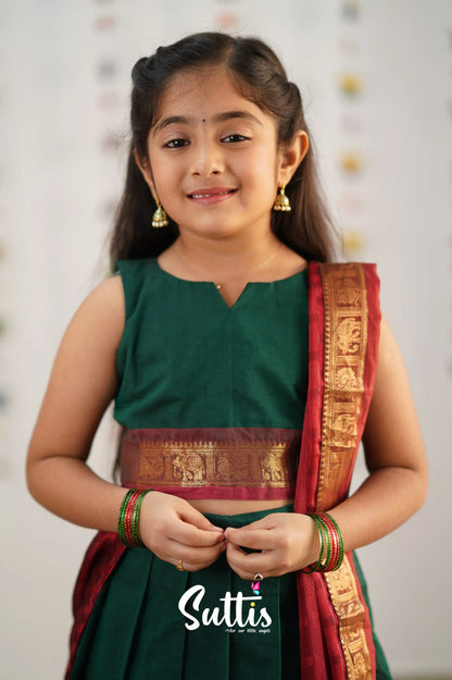 Kumaari Half Saree -Bottle Green Kids-Suttis