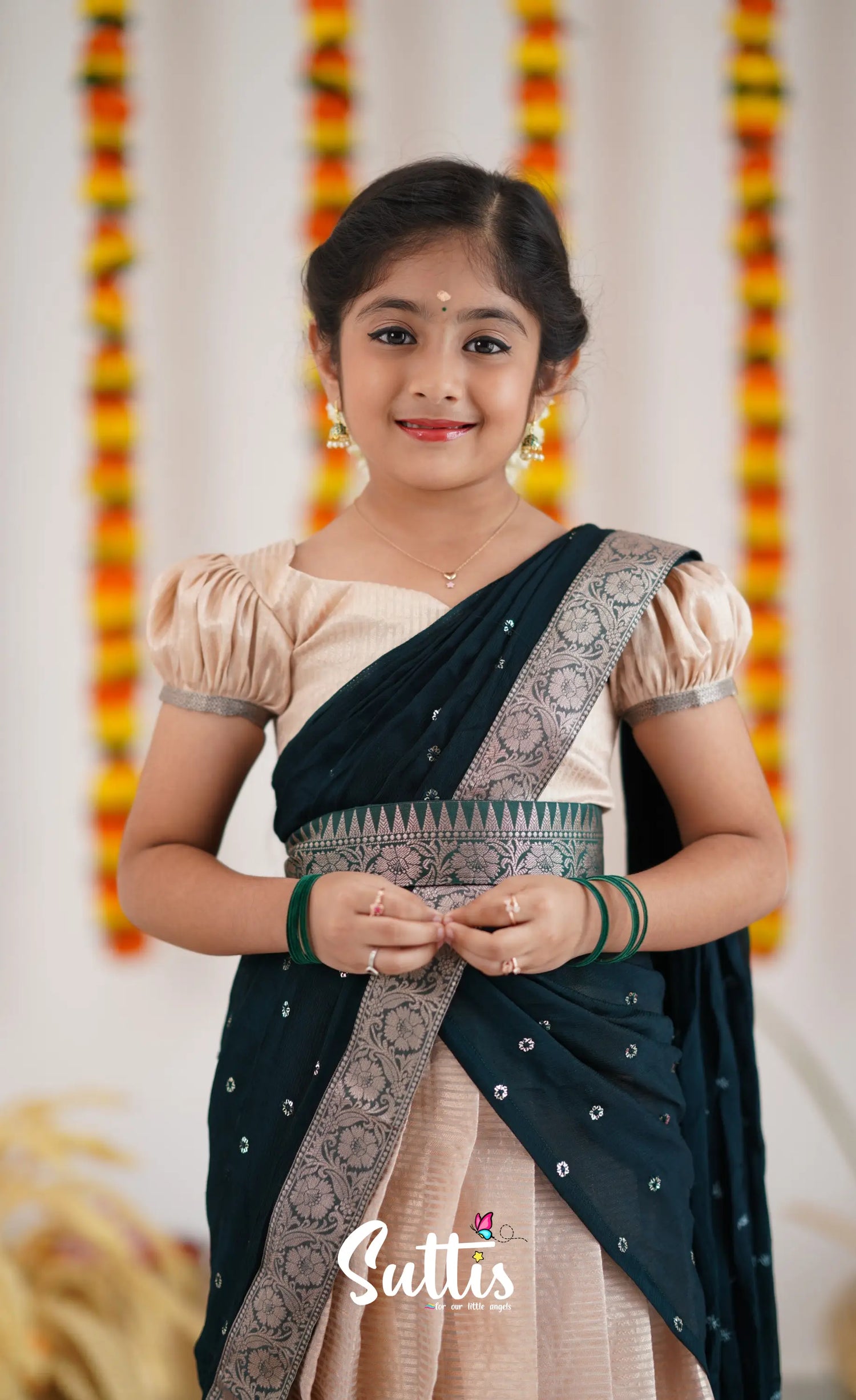 Kumaari Half Saree - Cream And Dark Green Kids-Suttis