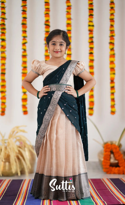 Kumaari Half Saree - Cream And Dark Green Kids-Suttis