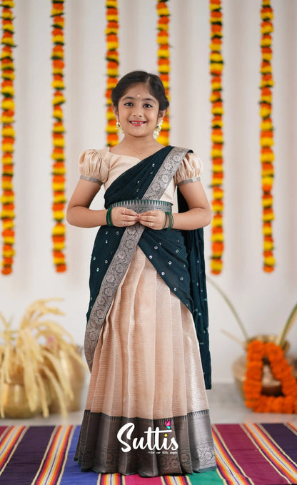 Kumaari Half Saree - Cream And Dark Green Kids-Suttis