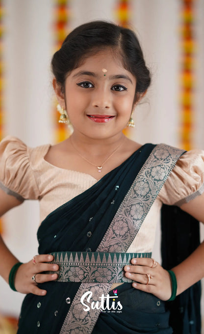 Kumaari Half Saree - Cream And Dark Green Kids-Suttis