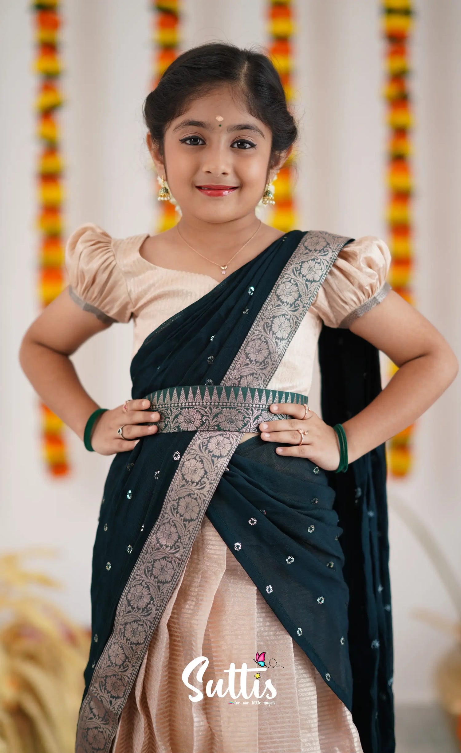 Kumaari Half Saree - Cream And Dark Green Kids-Suttis