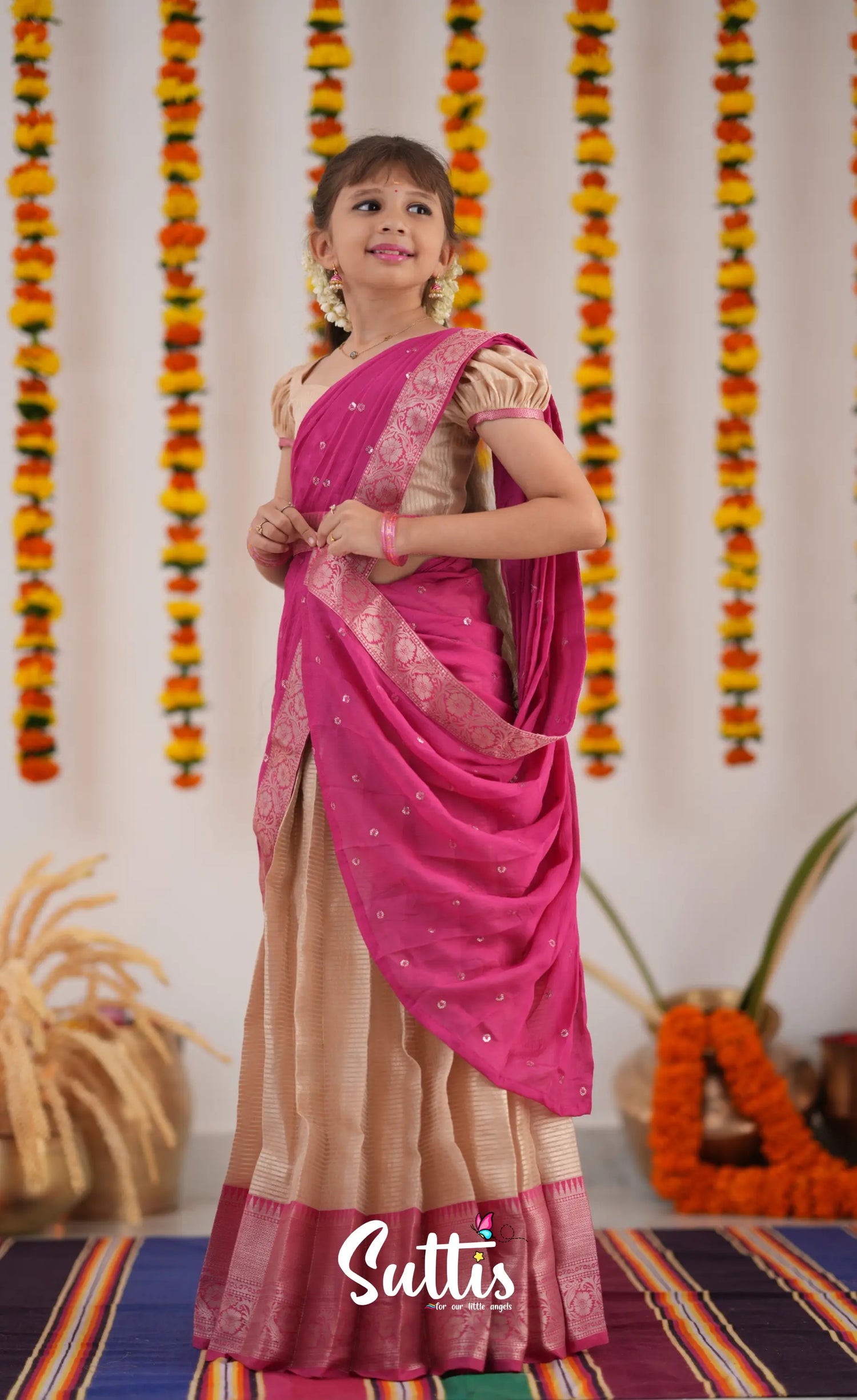 Kumaari Half Saree - Cream And Pink Kids-Suttis