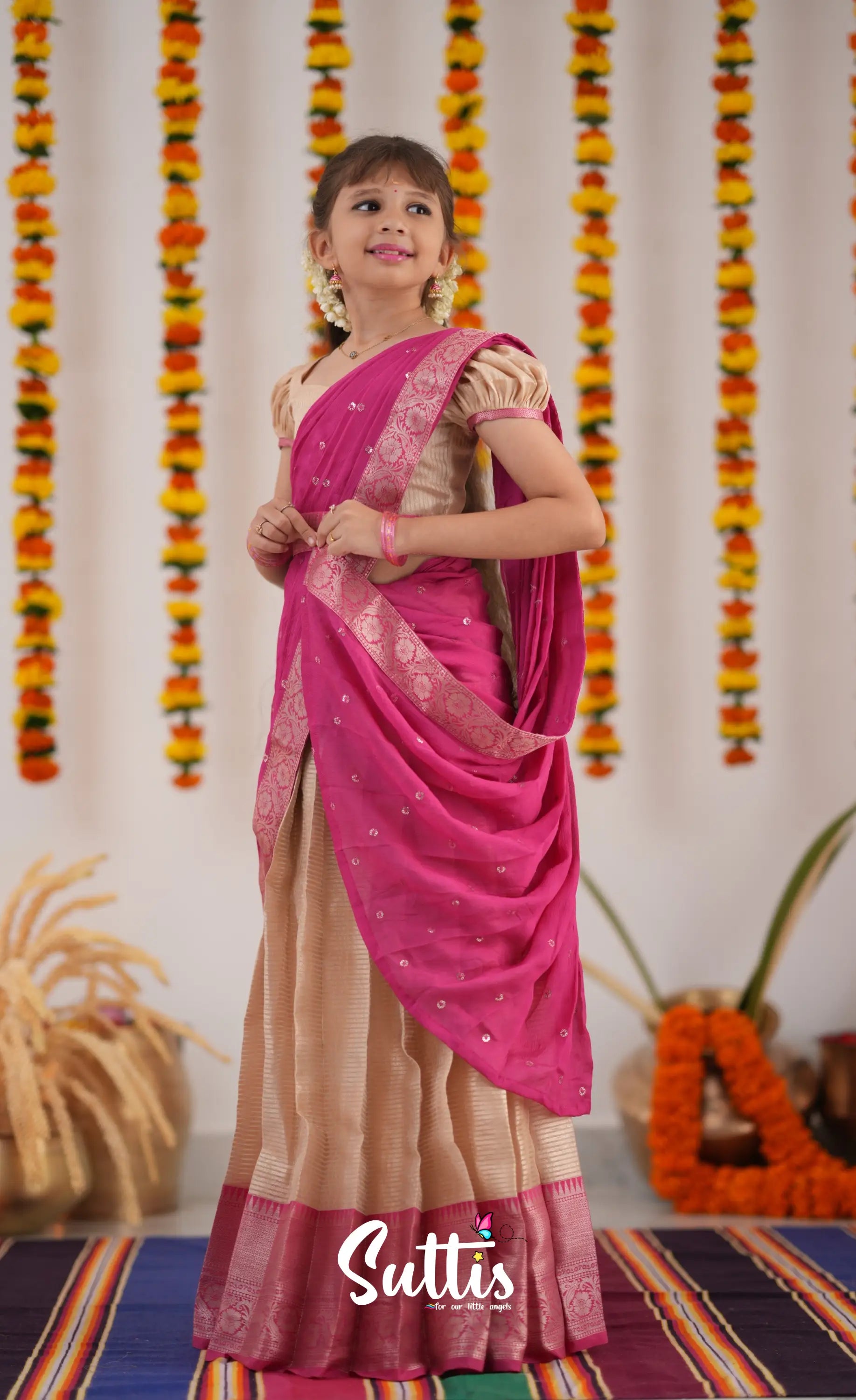 Kumaari Half Saree - Cream And Pink Kids-Suttis