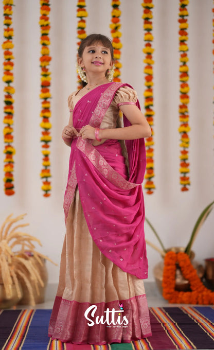 Kumaari Half Saree - Cream And Pink Kids-Suttis