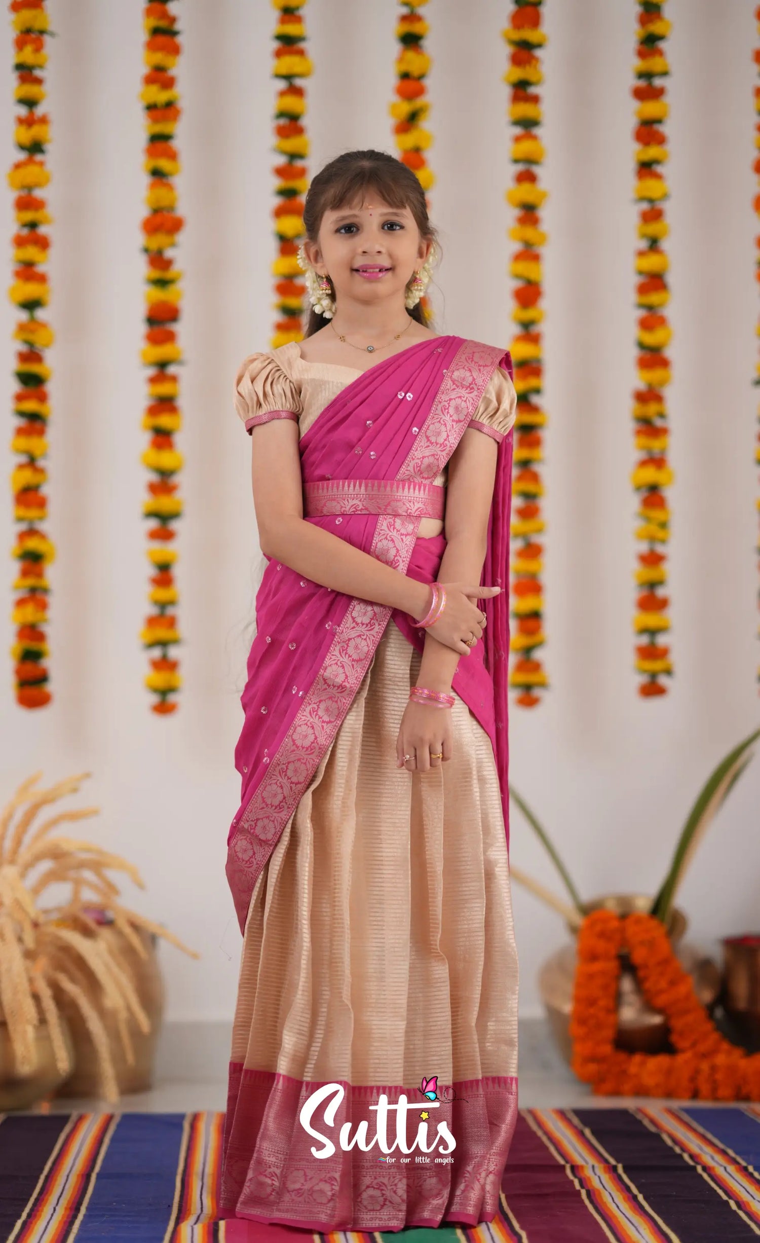 Kumaari Half Saree - Cream And Pink Kids-Suttis