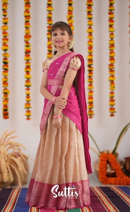 Kumaari Half Saree - Cream And Pink Kids-Suttis
