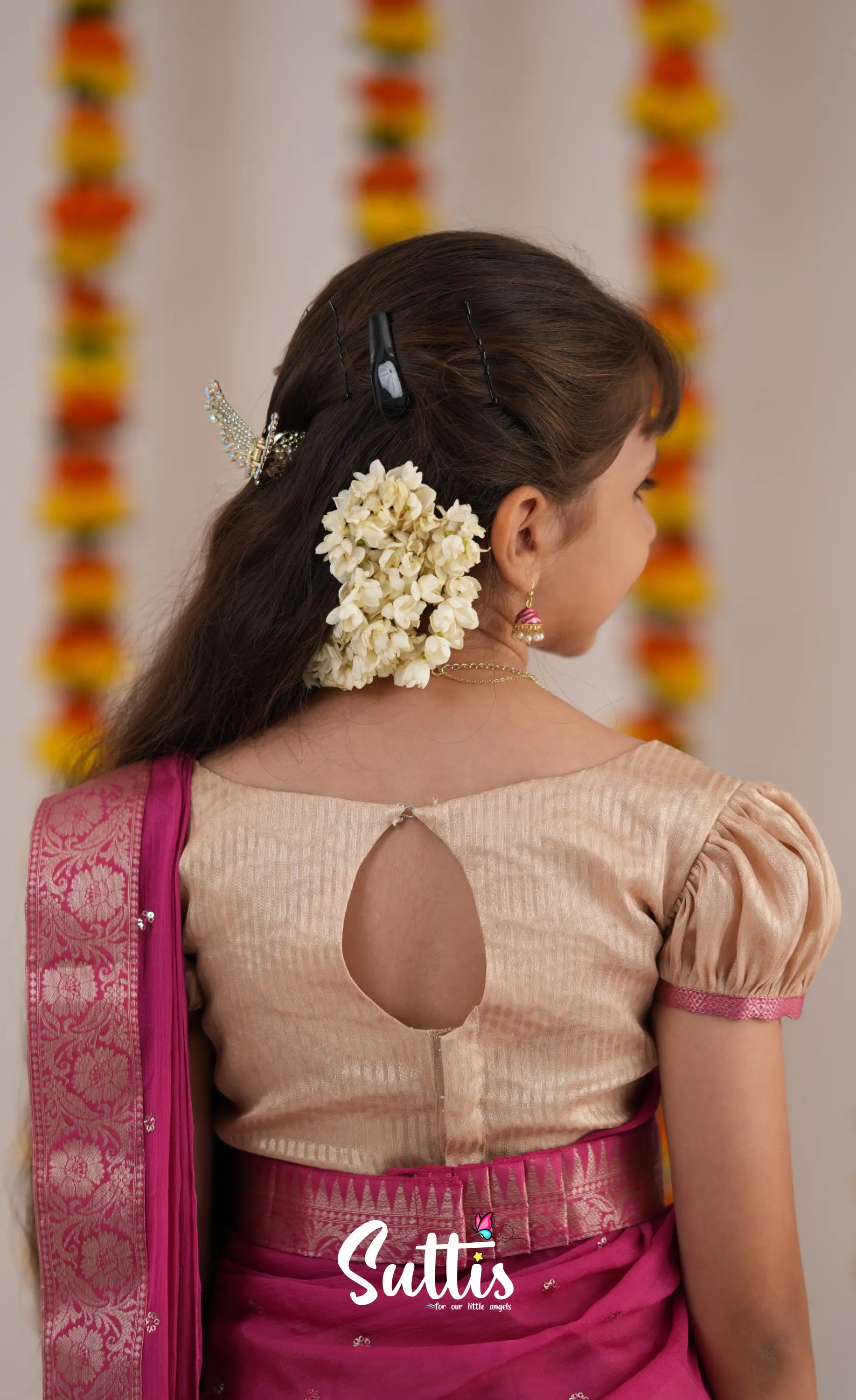 Kumaari Half Saree - Cream And Pink Kids-Suttis