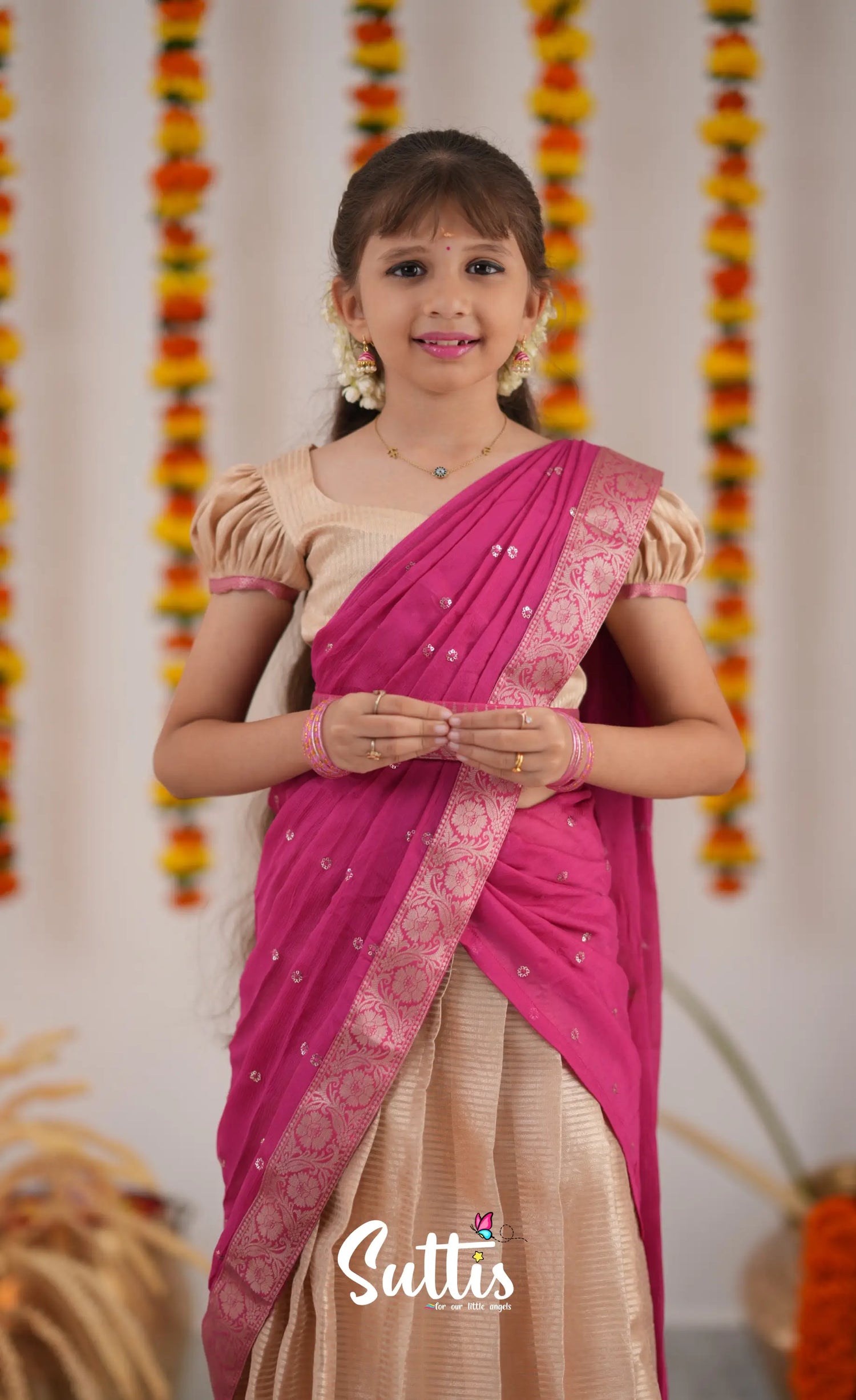 Kumaari Half Saree - Cream And Pink Kids-Suttis
