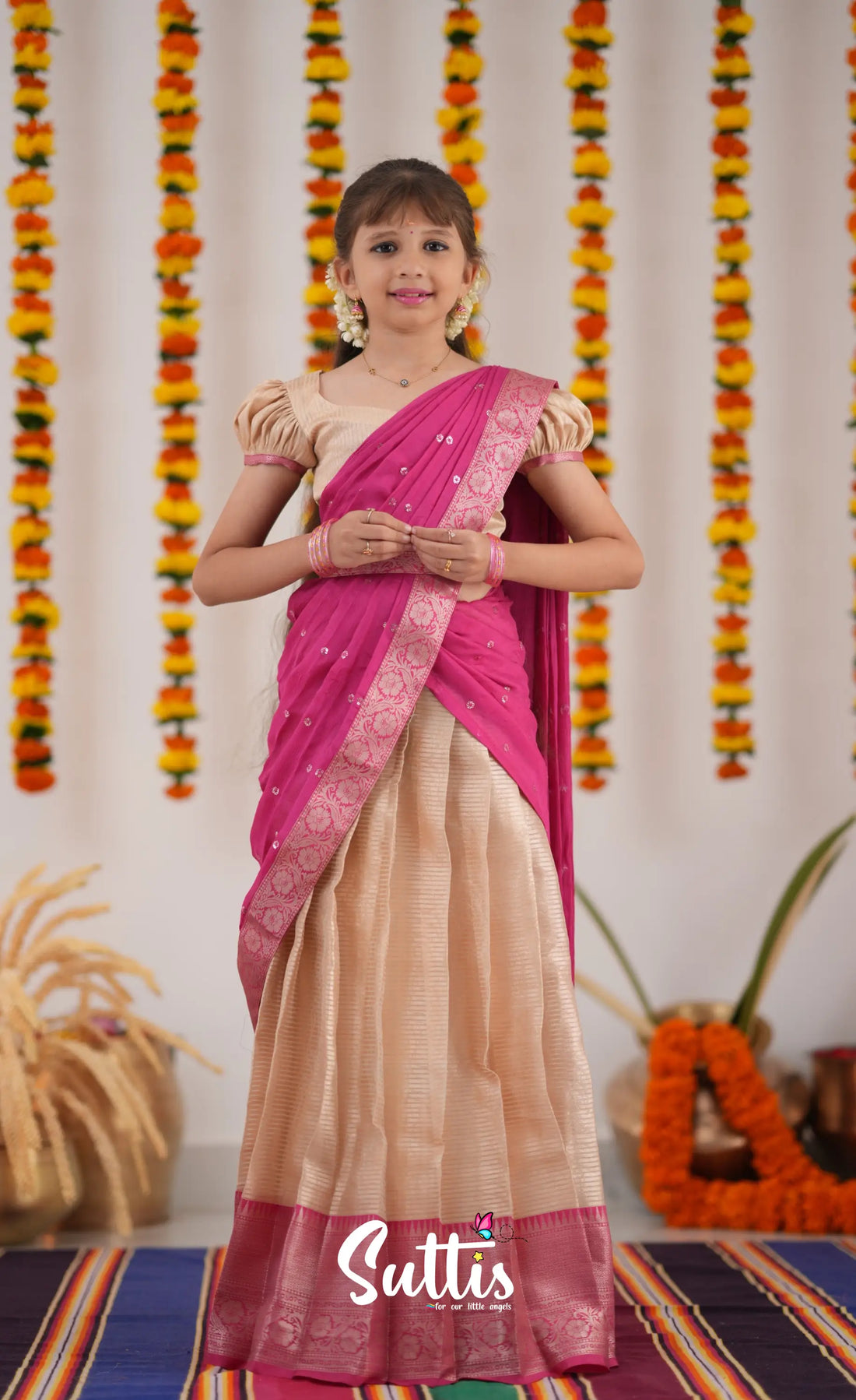 Kumaari Half Saree - Cream And Pink Kids-Suttis