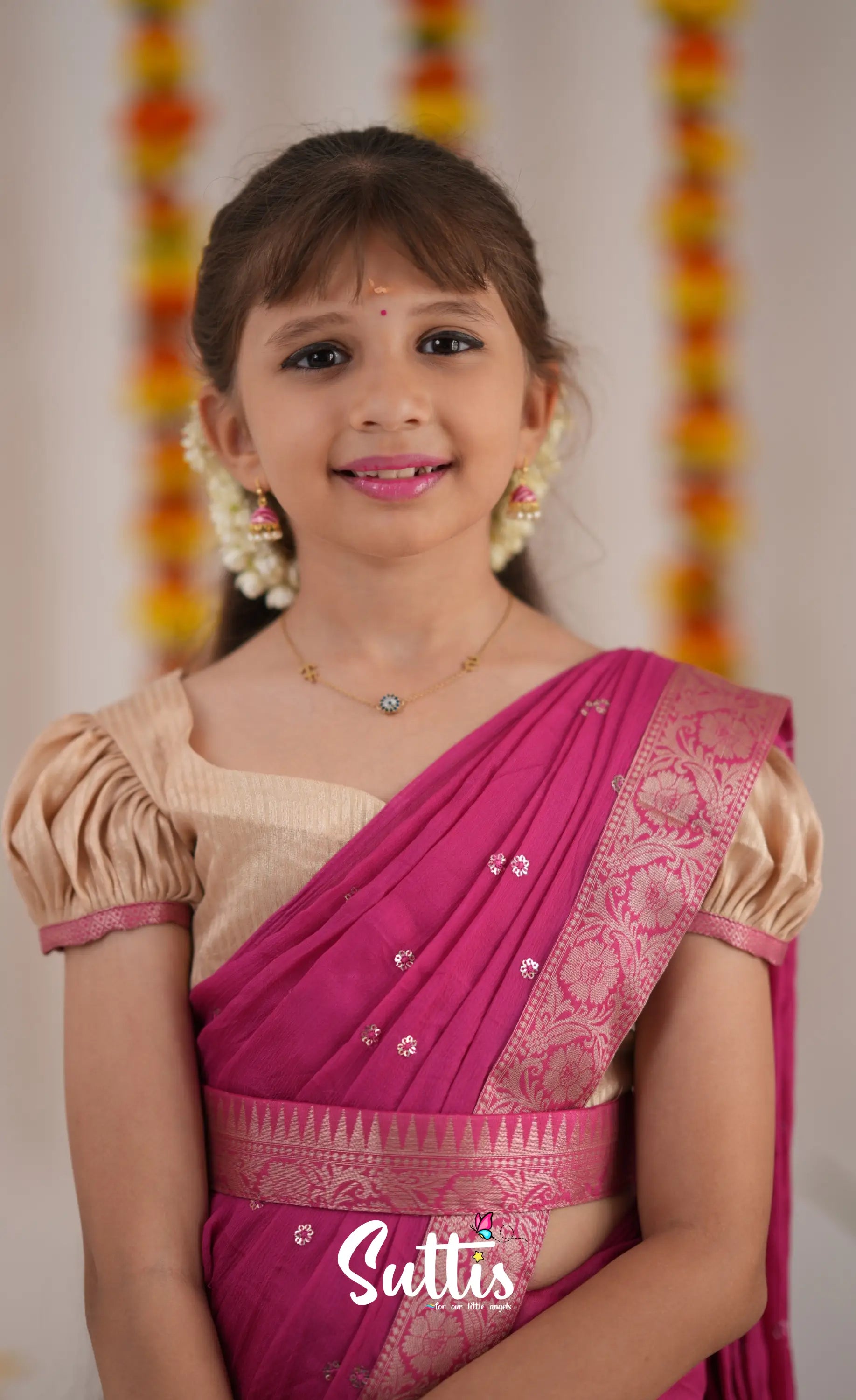 Kumaari Half Saree - Cream And Pink Kids-Suttis