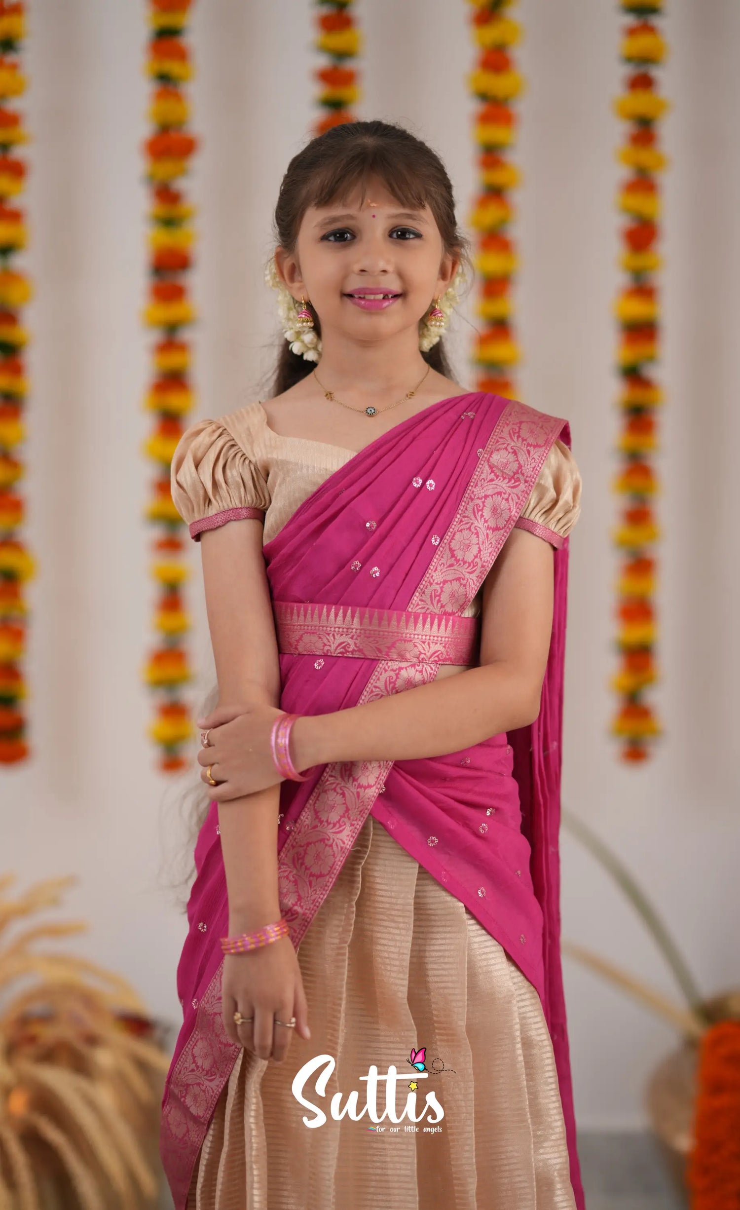 Kumaari Half Saree - Cream And Pink Kids-Suttis