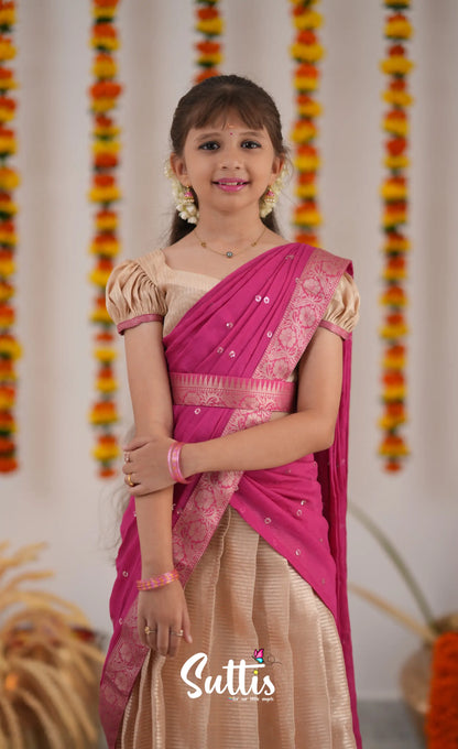 Kumaari Half Saree - Cream And Pink Kids-Suttis