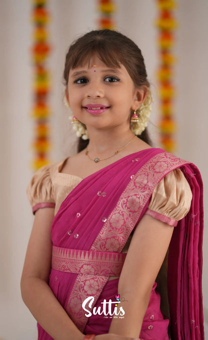 Kumaari Half Saree - Cream And Pink Kids-Suttis