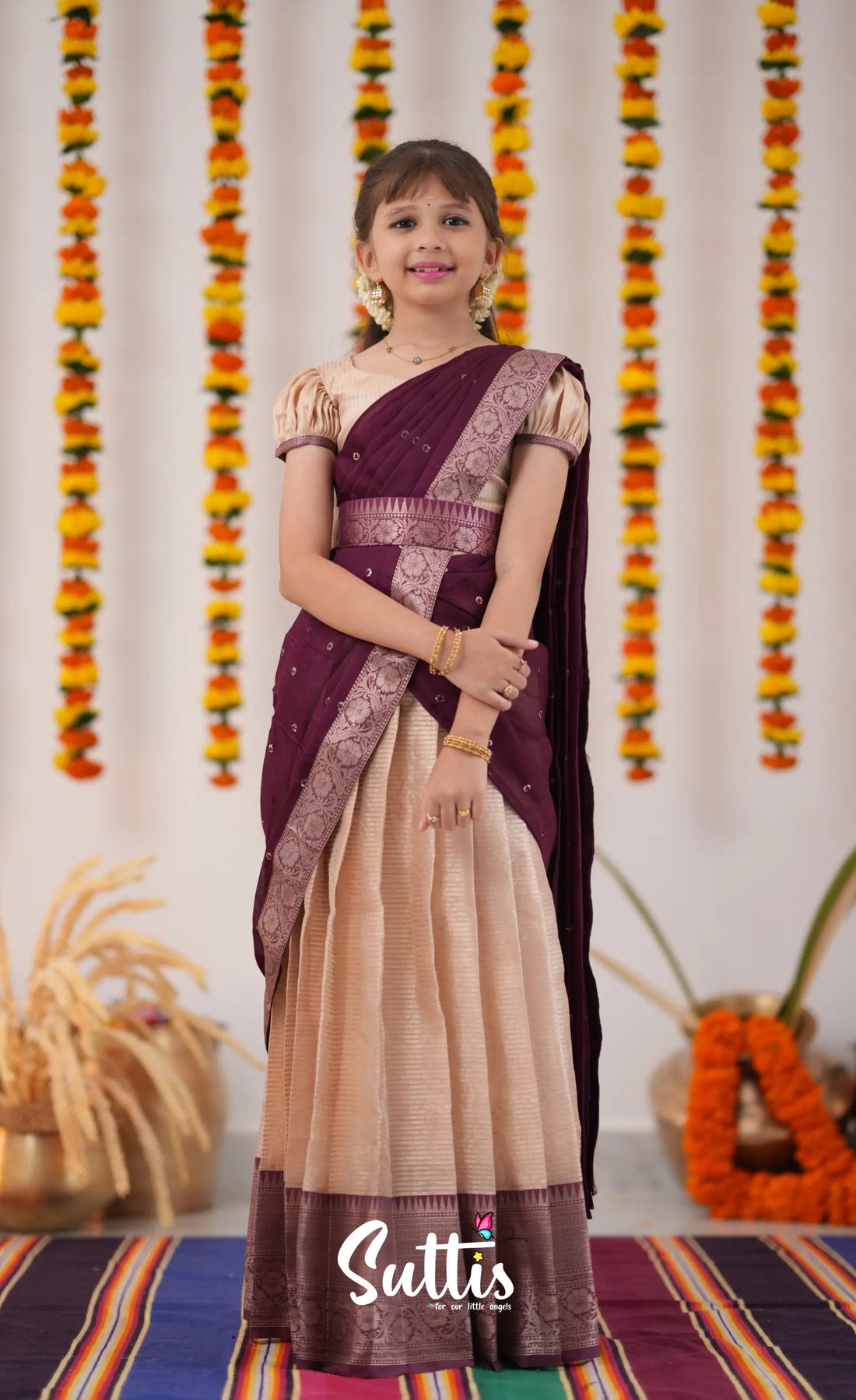 Kumaari Half Saree - Cream And Plum Kids-Suttis