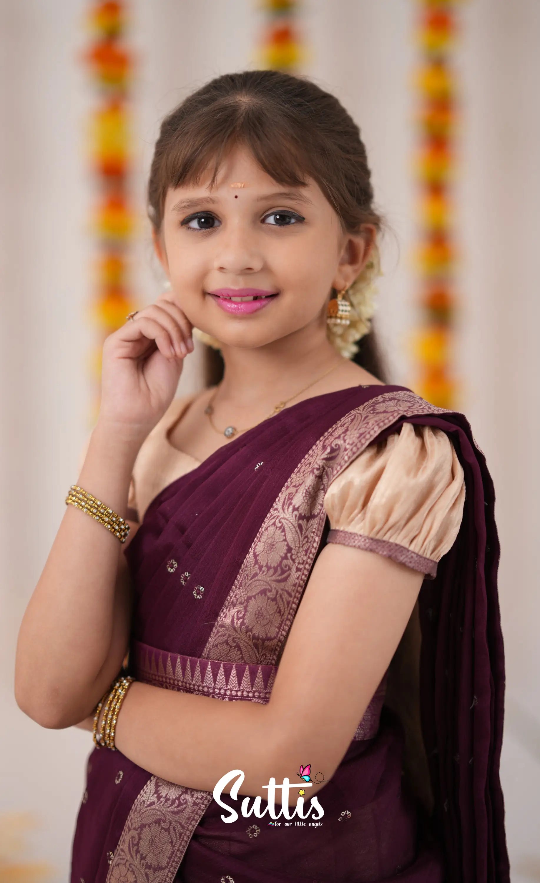 Kumaari Half Saree - Cream And Plum Kids-Suttis