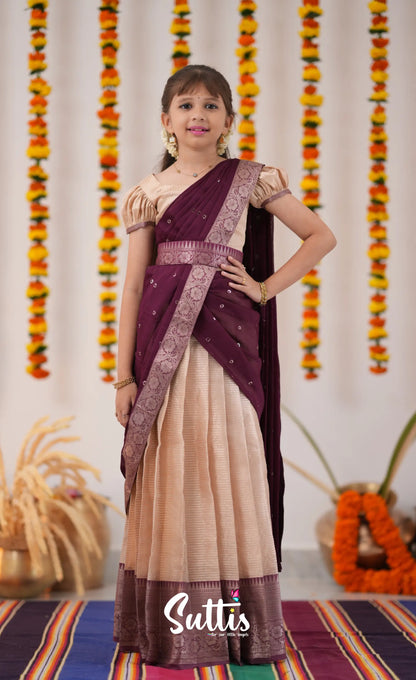 Kumaari Half Saree - Cream And Plum Kids-Suttis