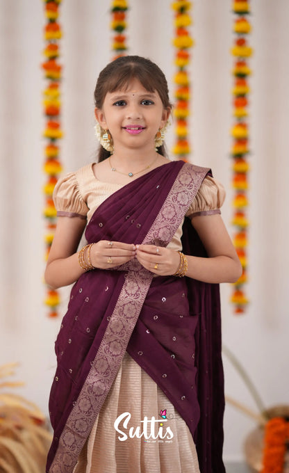 Kumaari Half Saree - Cream And Plum Kids-Suttis