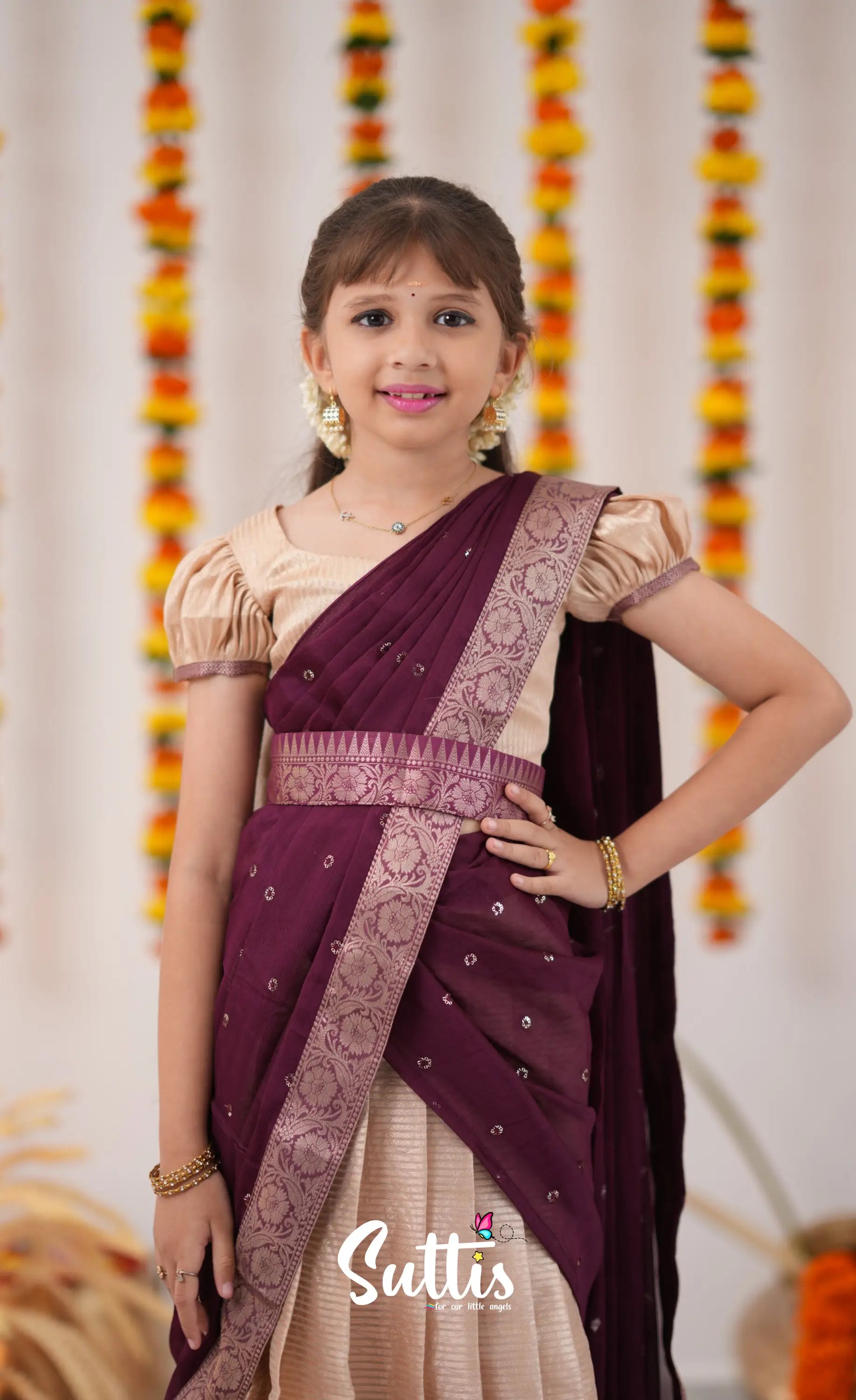 Kumaari Half Saree - Cream And Plum Kids-Suttis